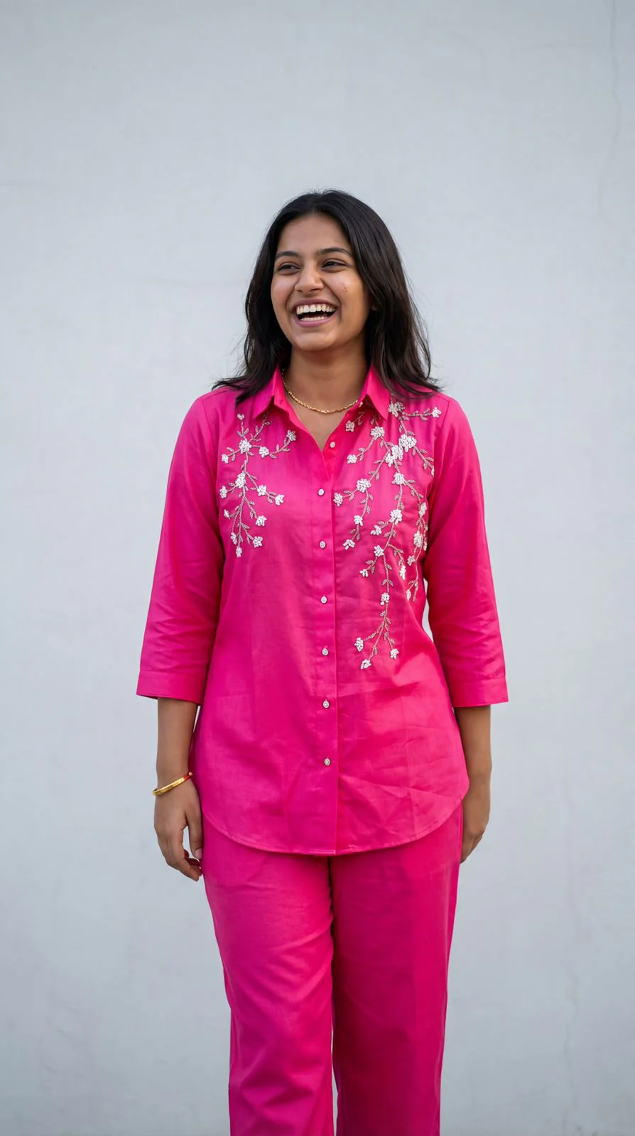 Bright Pink Embellished Cotton Co-Ord Set