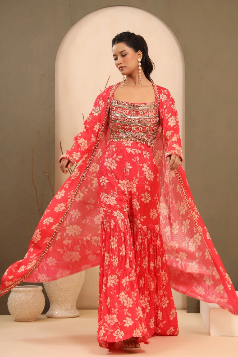 Bright Pink Embellished &amp; Printed Sharara with Cape - Image 2