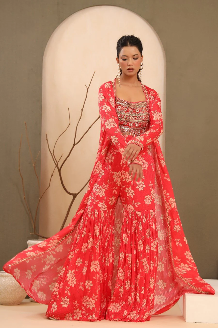 Bright Pink Embellished &amp; Printed Sharara with Cape - Image 4
