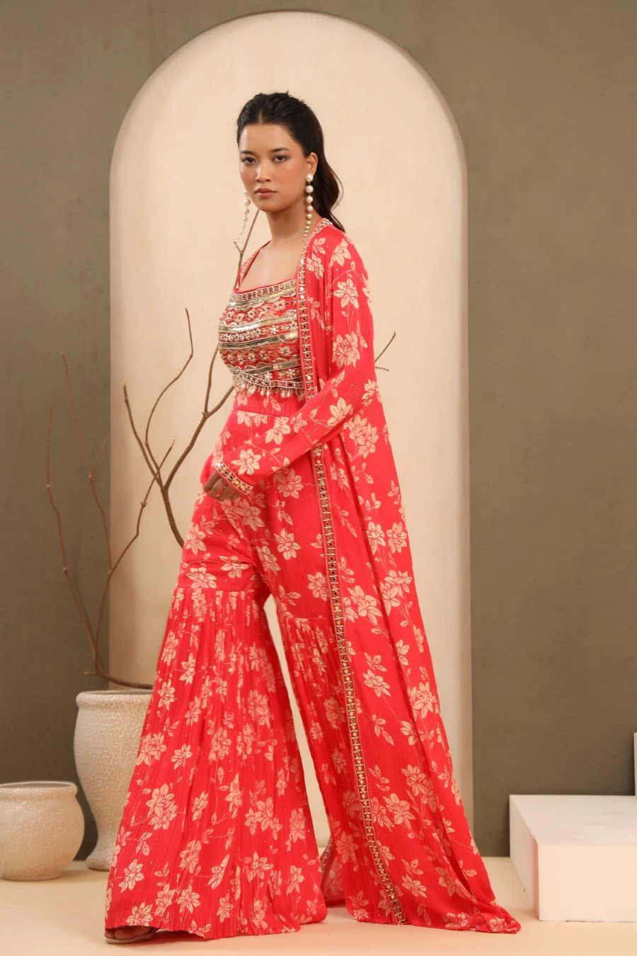 Bright Pink Embellished &amp; Printed Sharara with Cape - Image 5