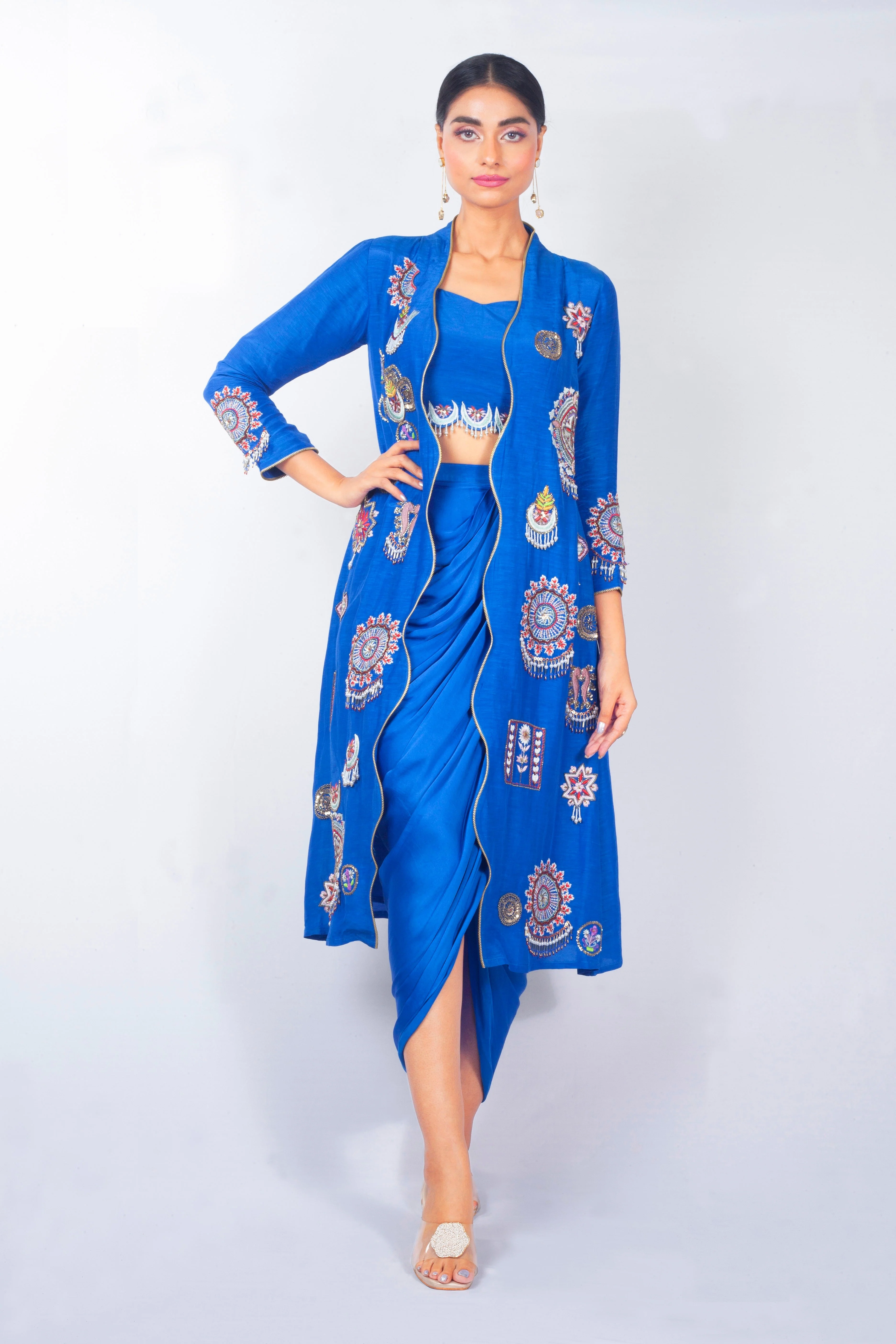 Royal Blue Embellished Raw Silk Long Jacket Set