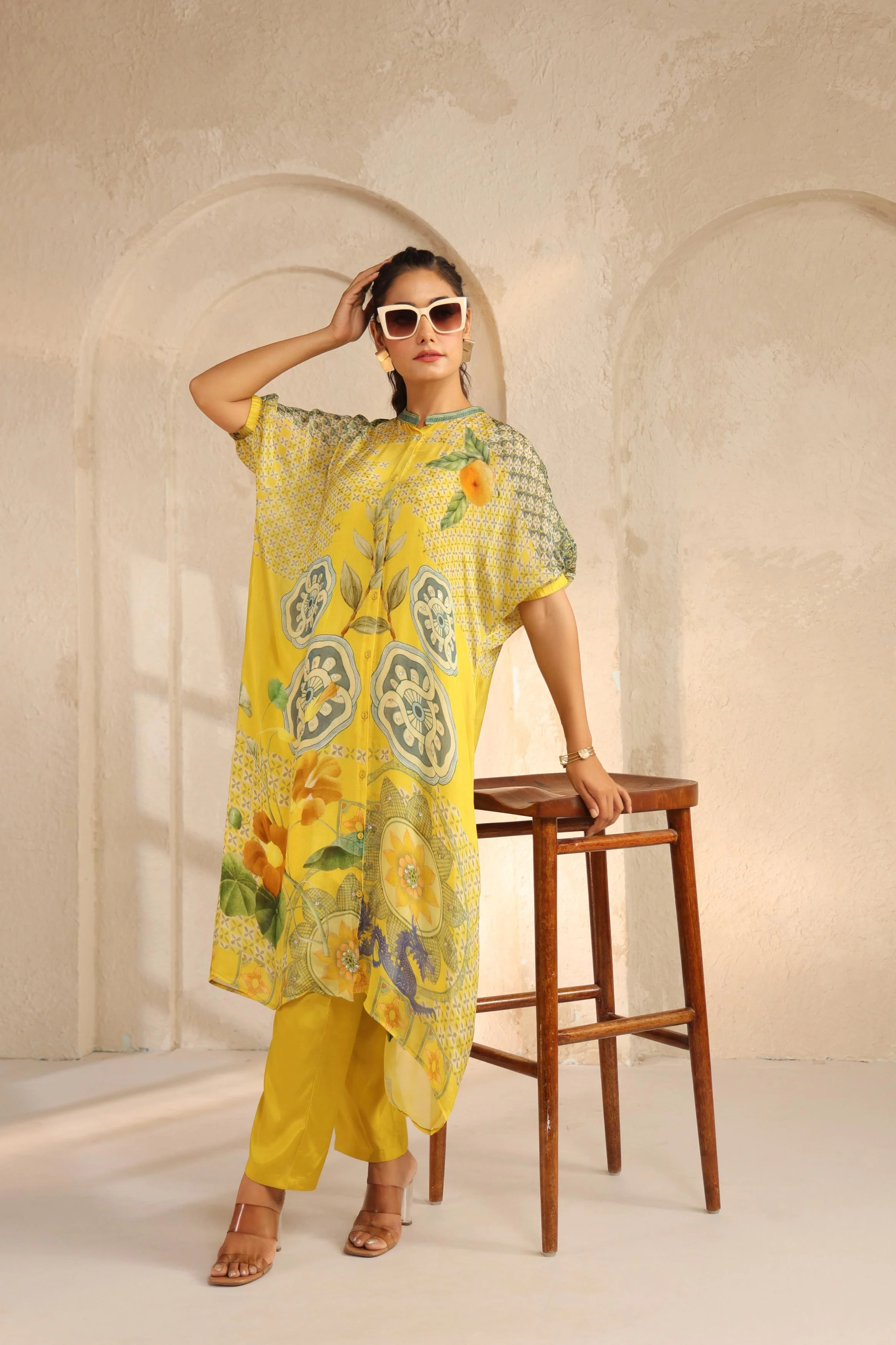 Bright Yellow Printed Chinon Kurta Set