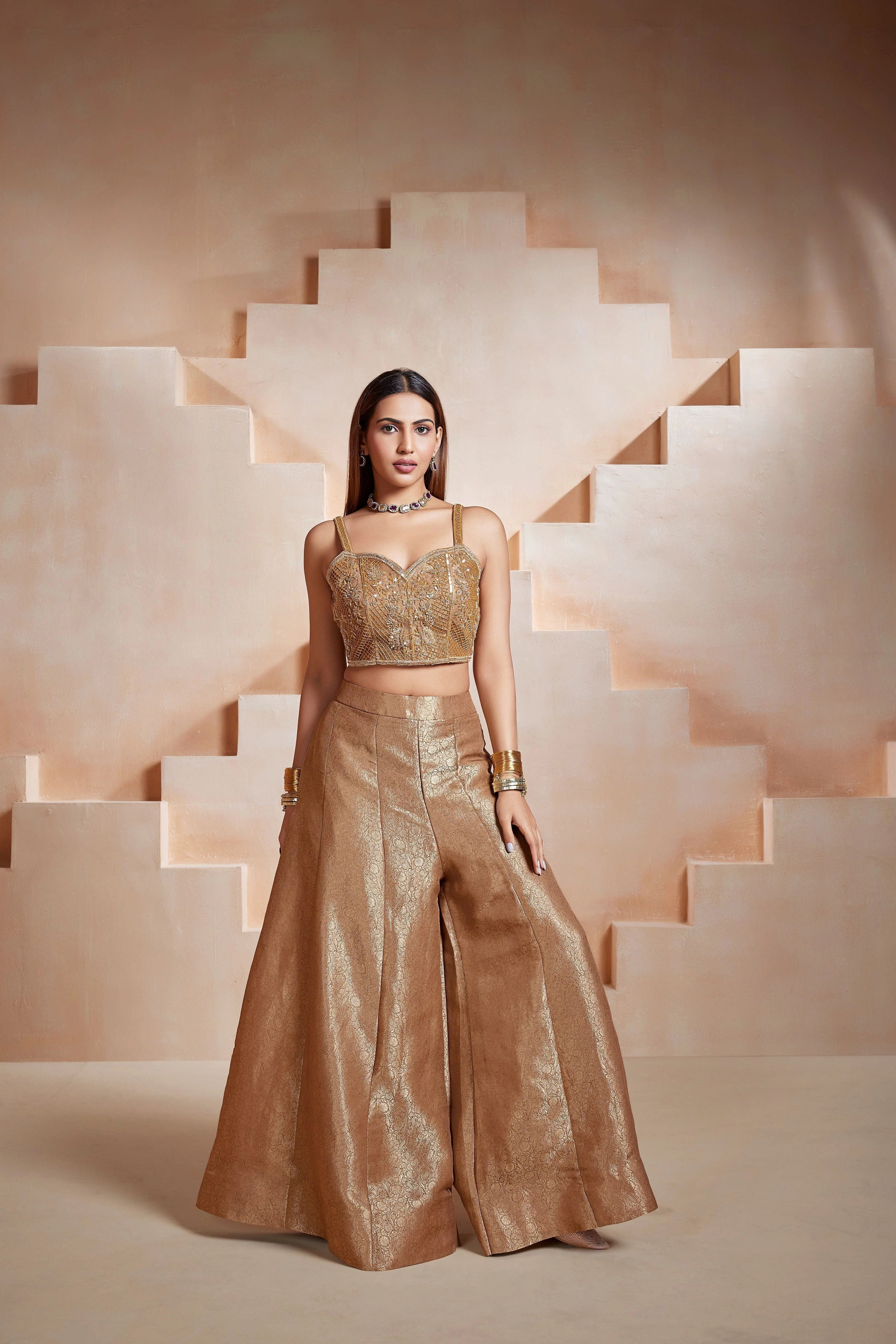 Bronze Glam Embellished Banarasi Silk Palazzo Set