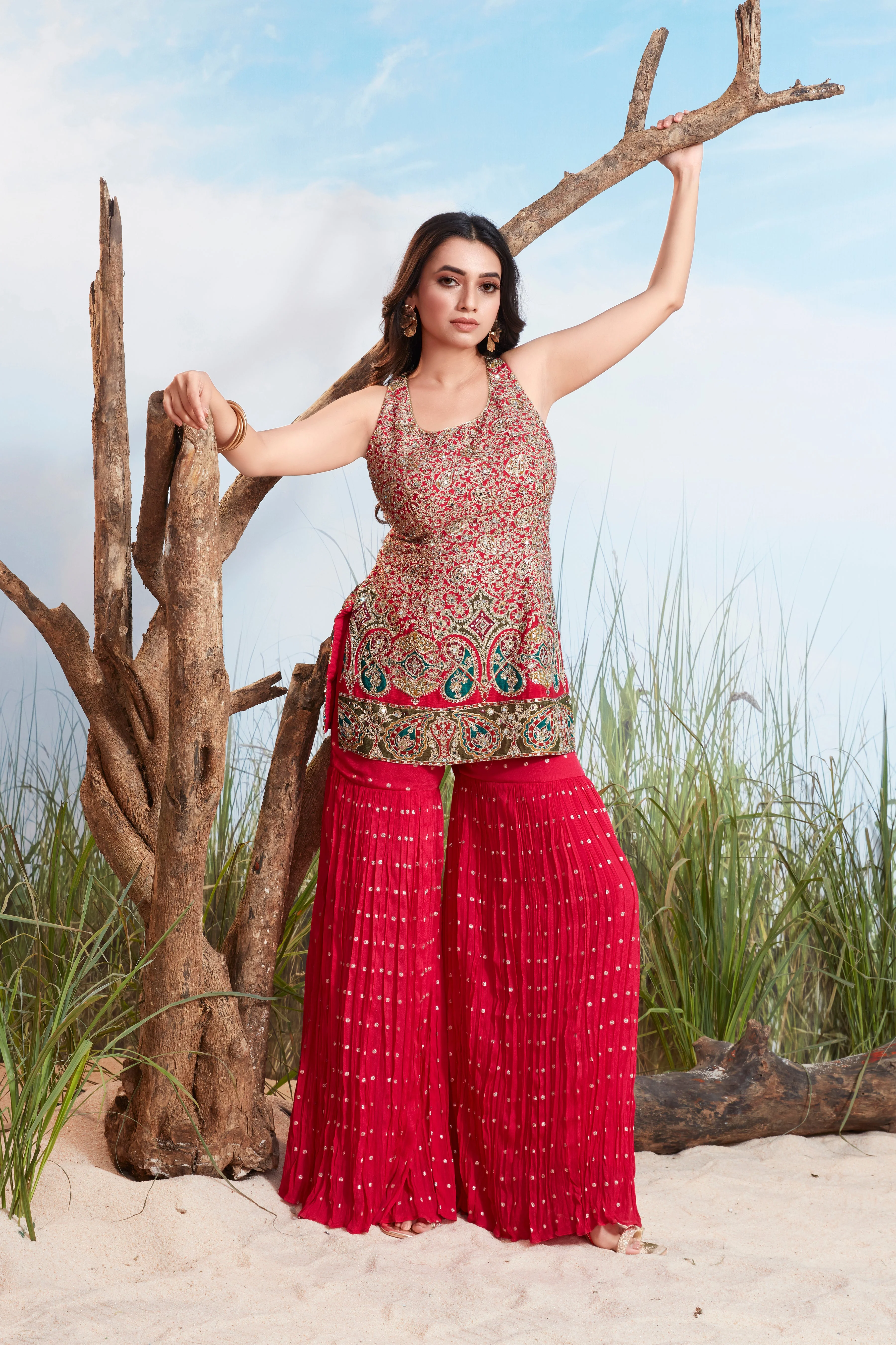 Vibrant Pink Embellished Chinon Silk Sharara Set