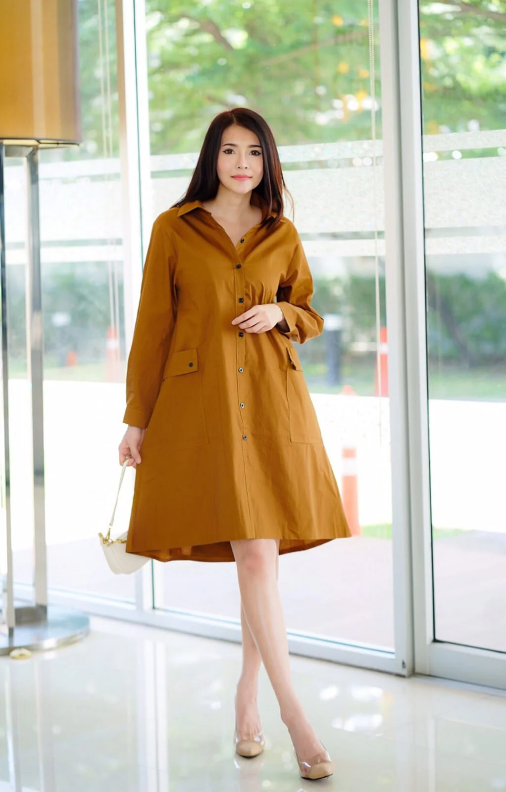 Brown Lace-Up Back Cotton Shirt Dress - Image 2