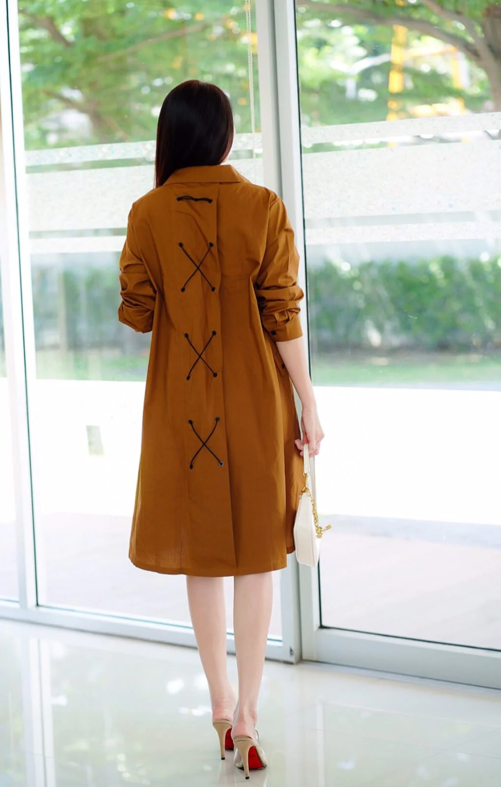 Brown Lace-Up Back Cotton Shirt Dress - Image 3