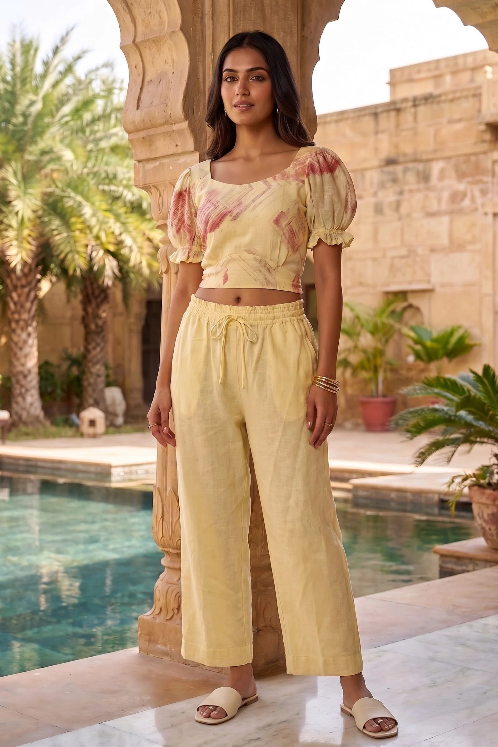 Butter Yellow Abstract Printed Linen Co-Ord Set