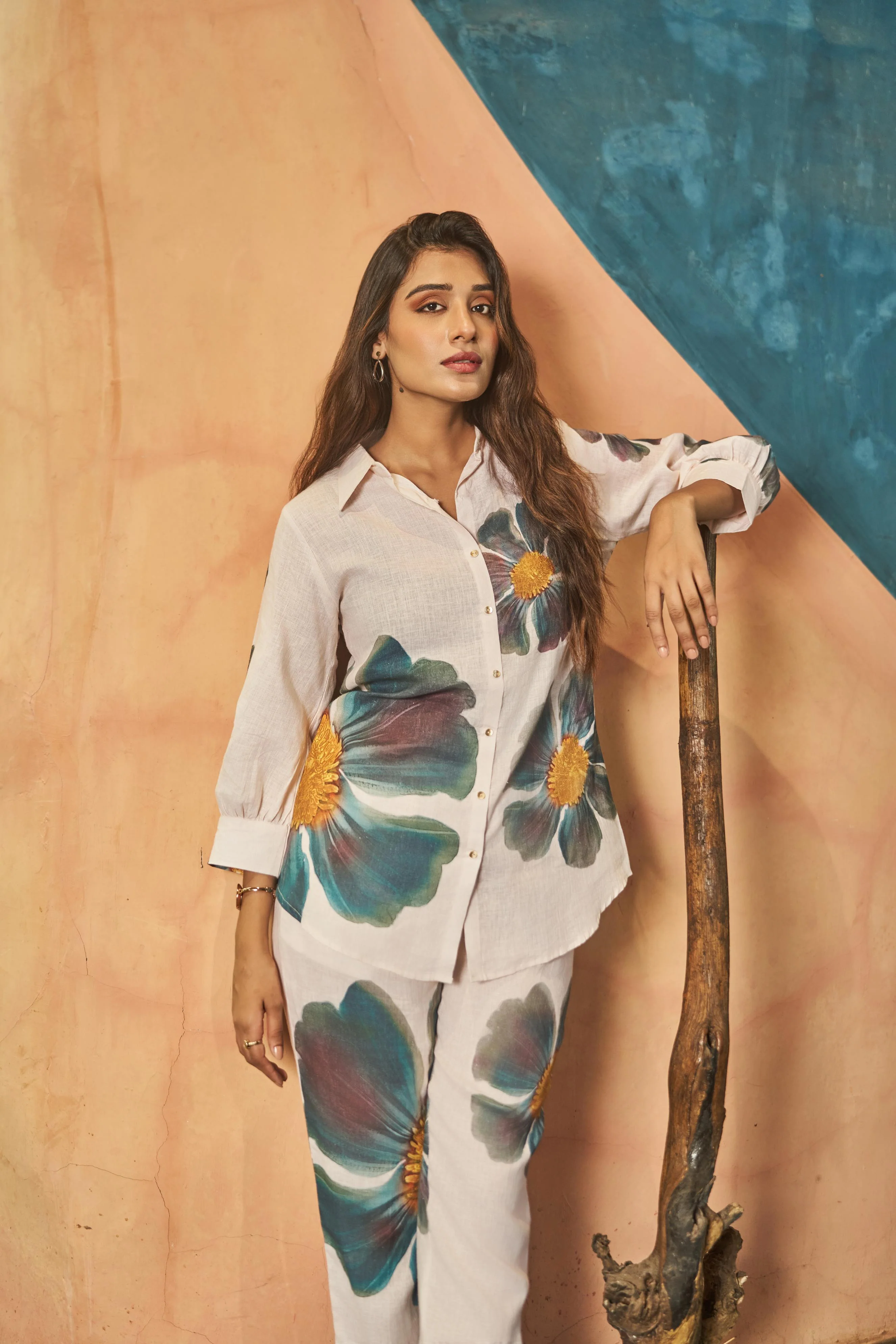 Calming White Floral Printed Belgium Linen Co-Ord Set - Image 3