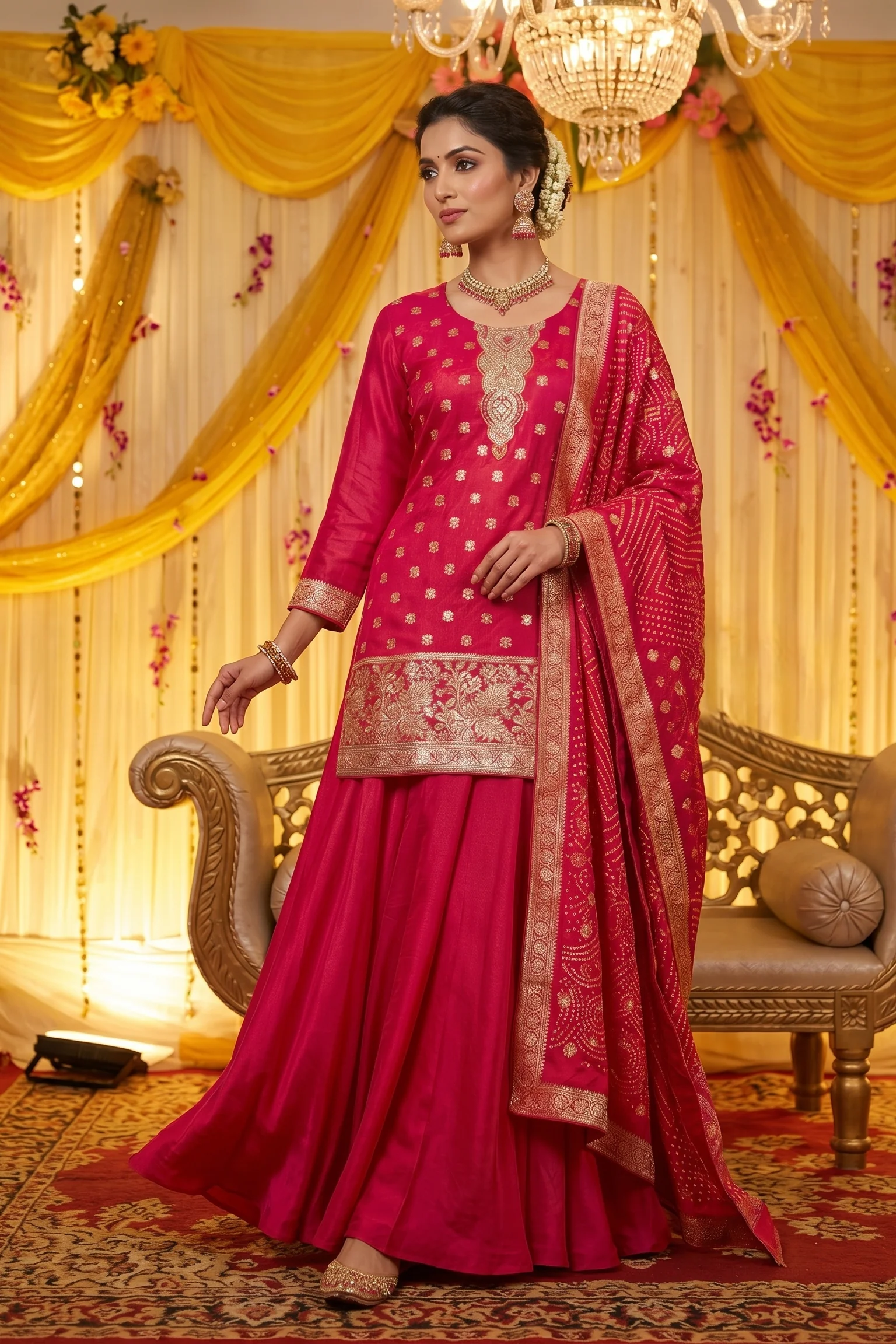 Cerise Pink Embroidered Crepe Silk Palazzo Set