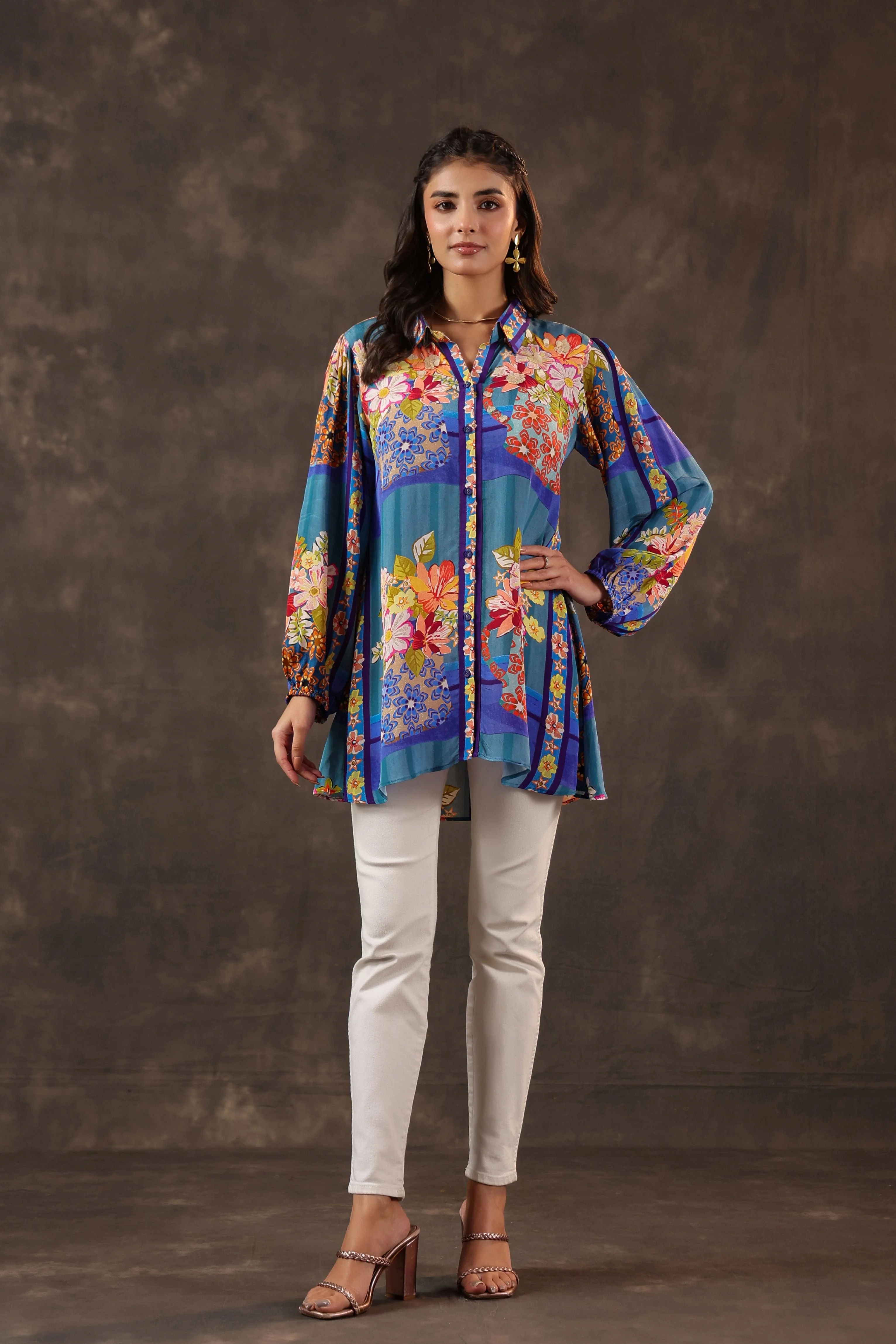 Cerulean Garden Printed Crepe Silk Top