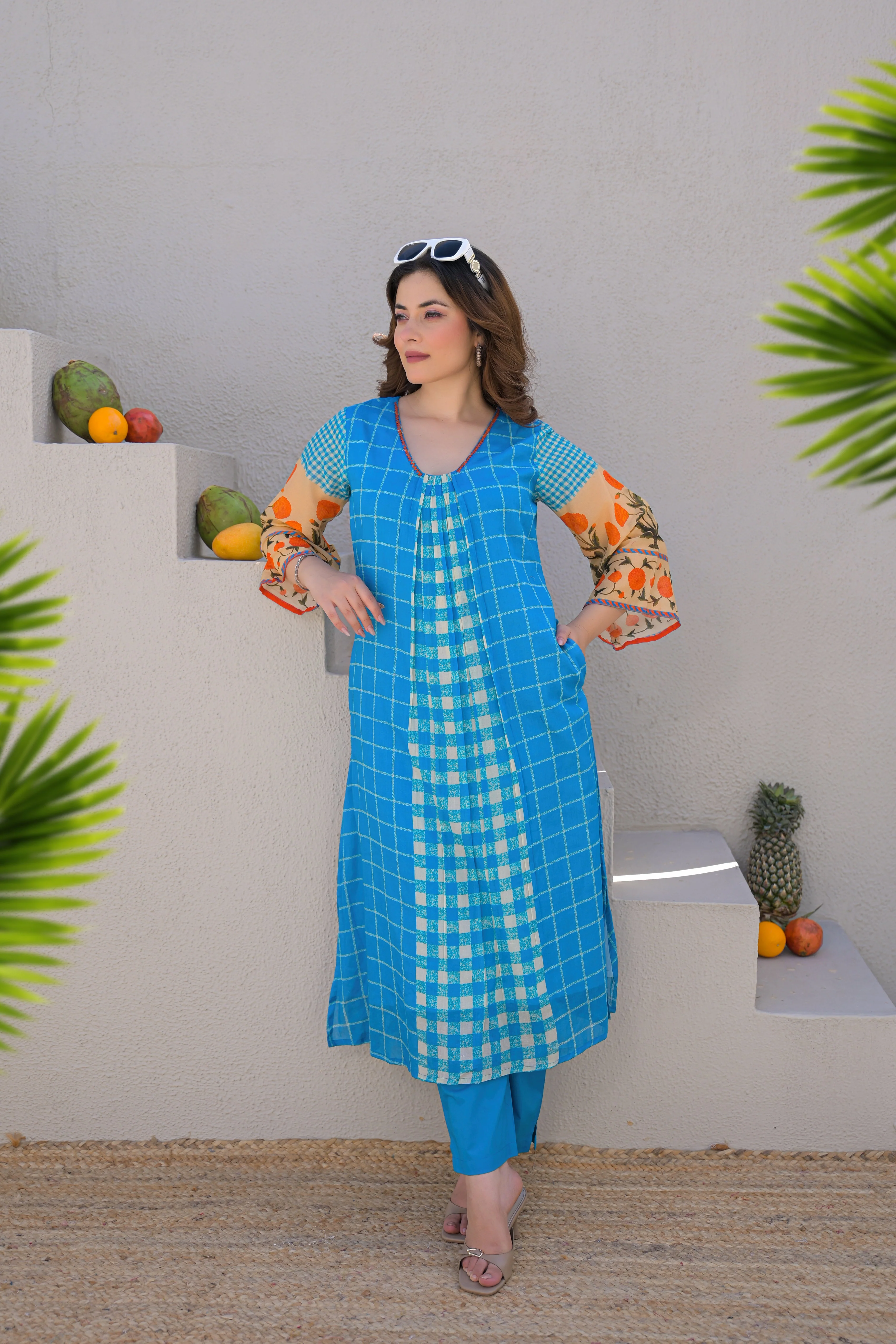 Cerulean Grid Printed Mul Cotton Kurta Set - Image 3