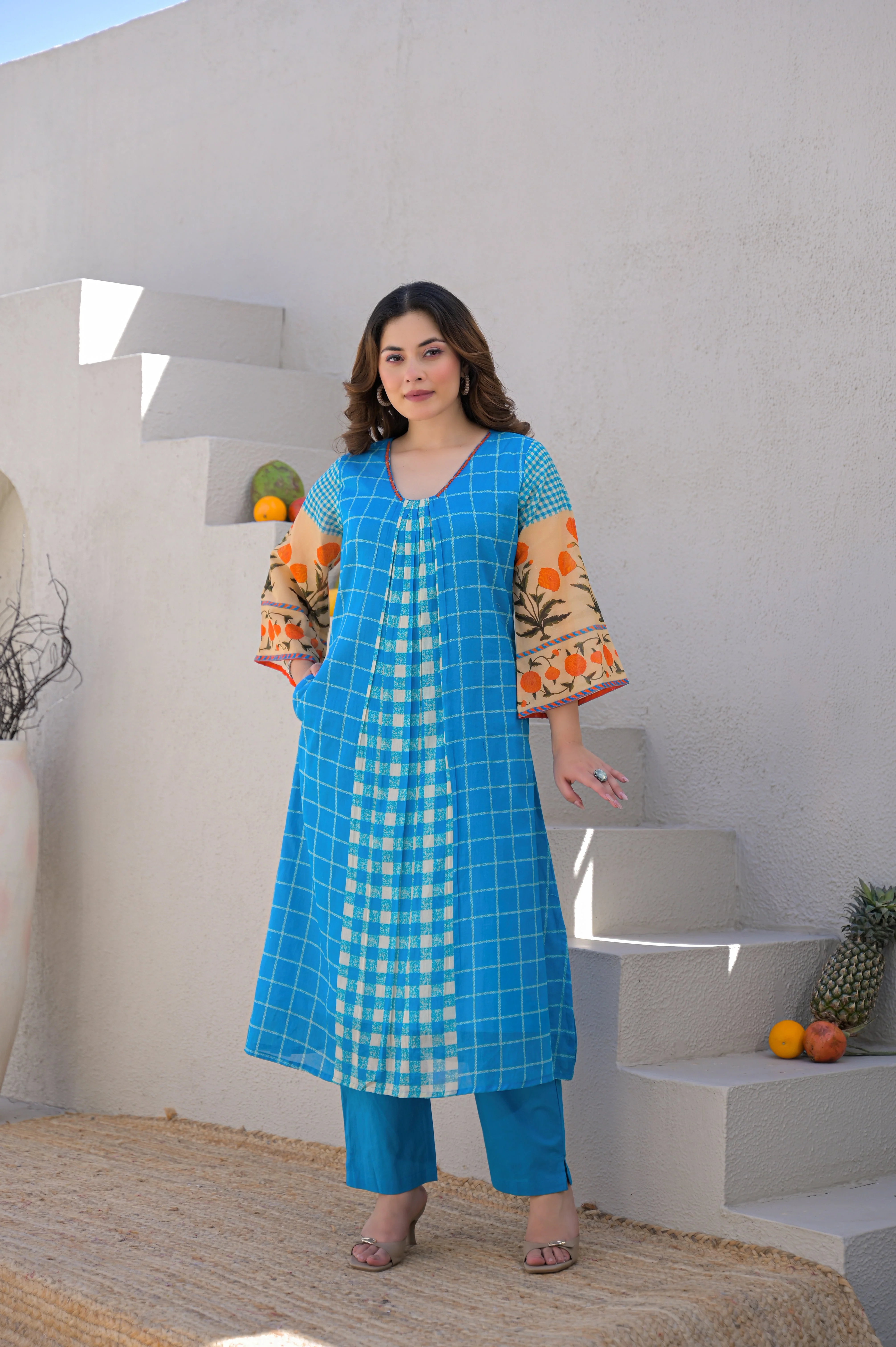 Cerulean Grid Printed Mul Cotton Kurta Set - Image 5