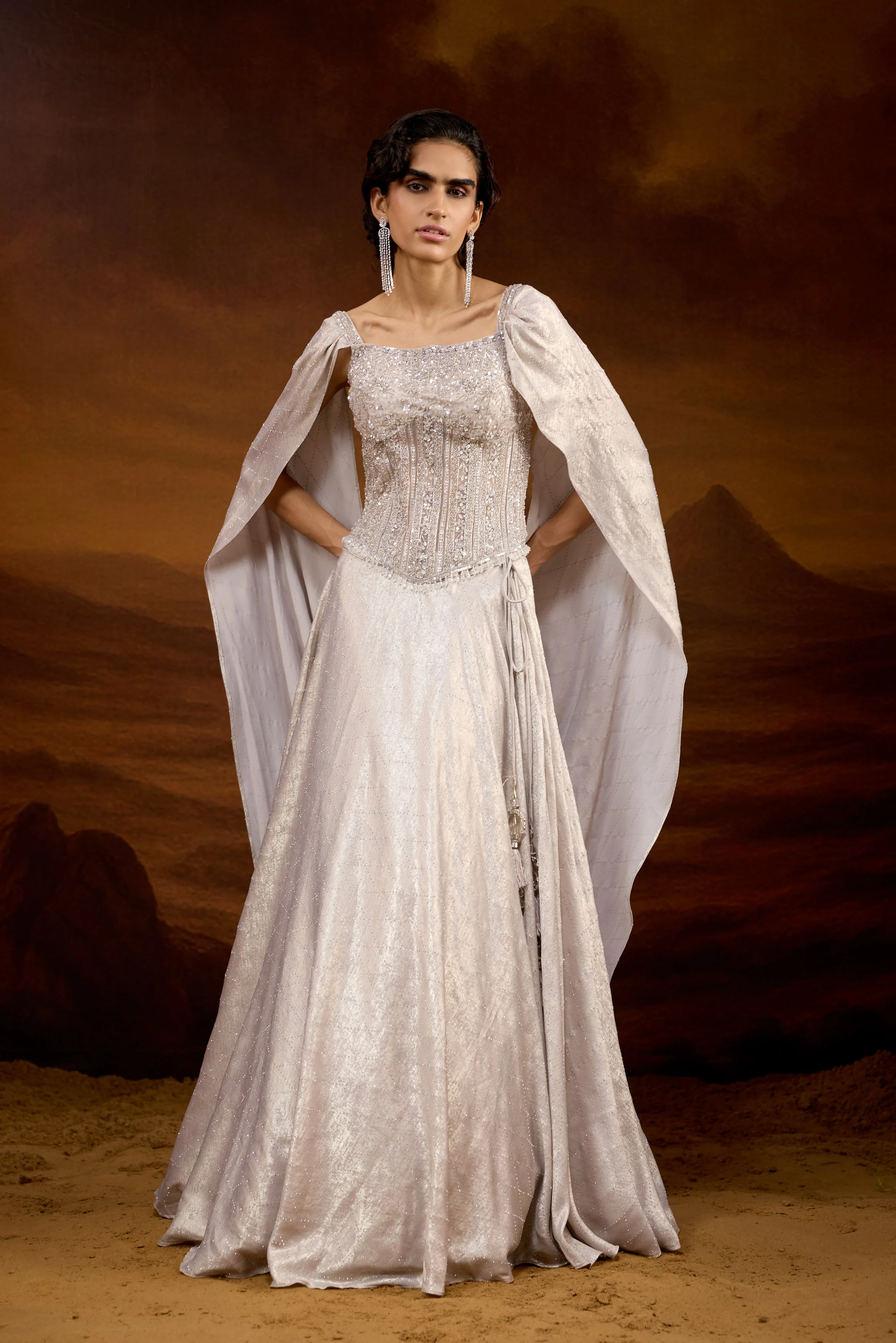 Champagne Silver Embellished Raw Silk Silk Lehenga Set
