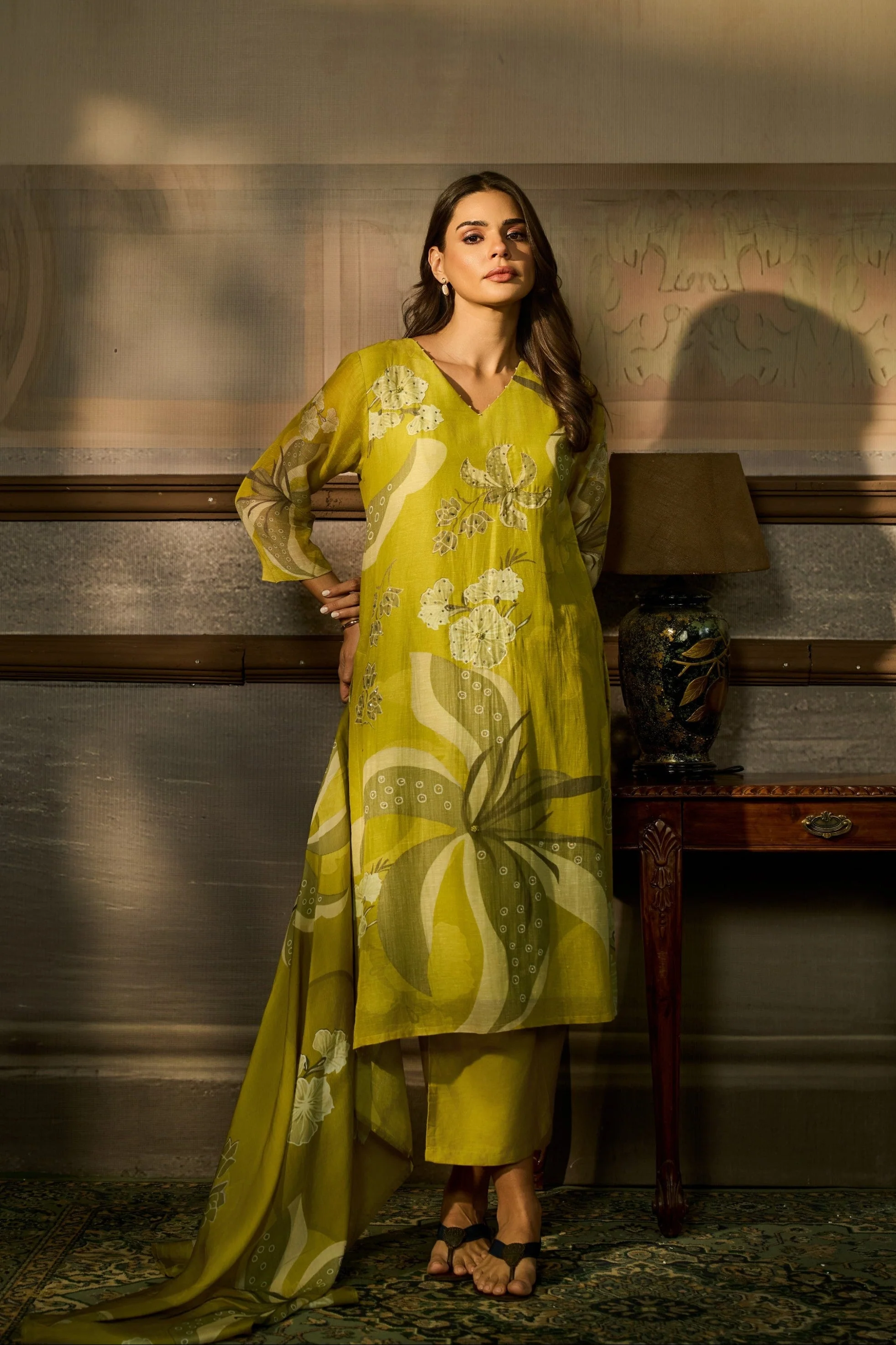 Chartreuse Green Embellished Linen Pant Set