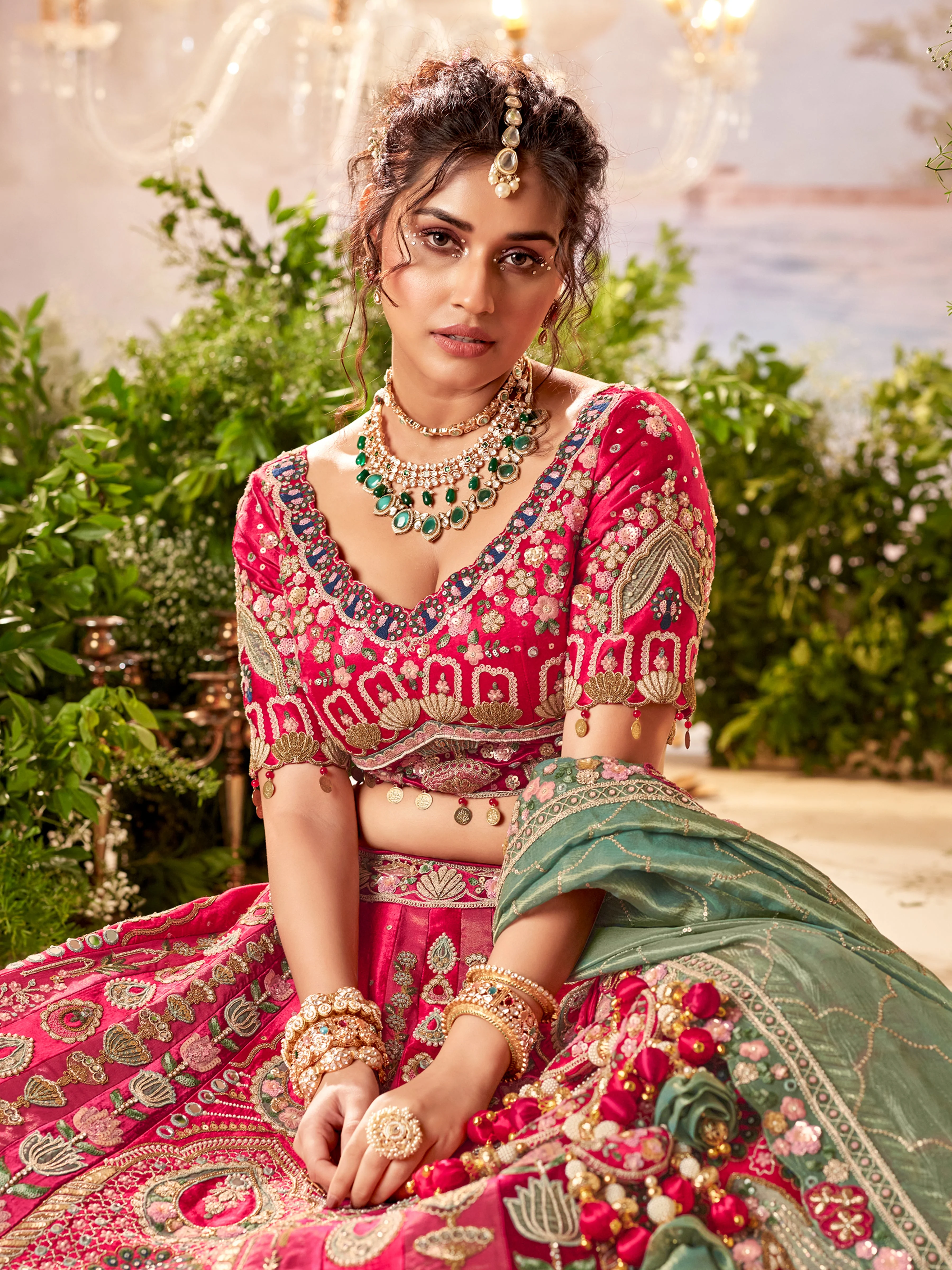 Cheery Red Embellished Satin Silk Lehenga - Image 2