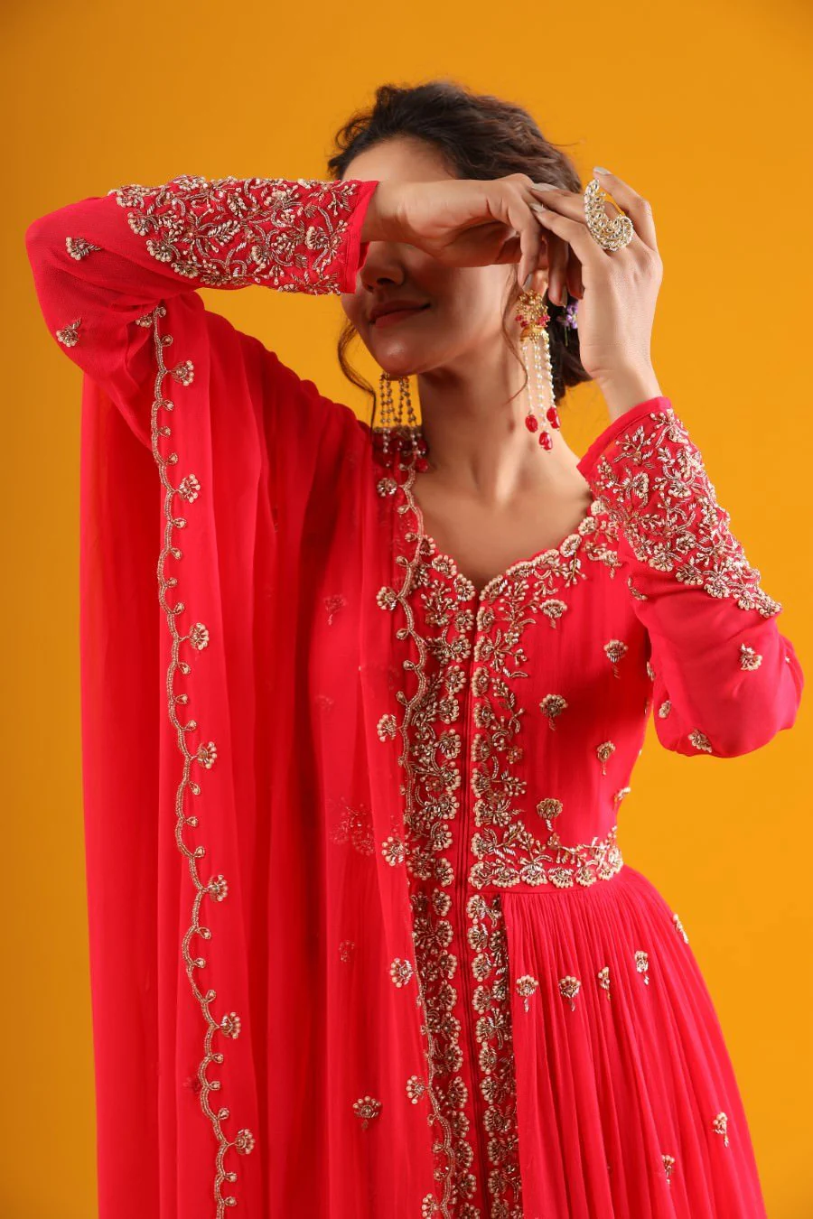 Cherry Pink Hand Embroidered Kurta &amp; Palazzo With Dupatta - Image 2