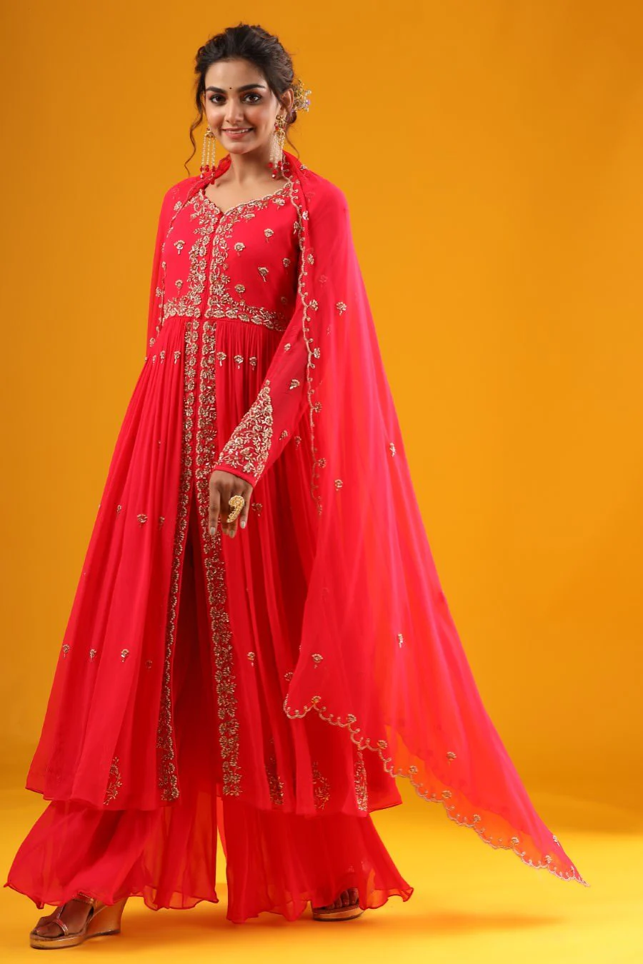 Cherry Pink Hand Embroidered Kurta &amp; Palazzo With Dupatta - Image 3