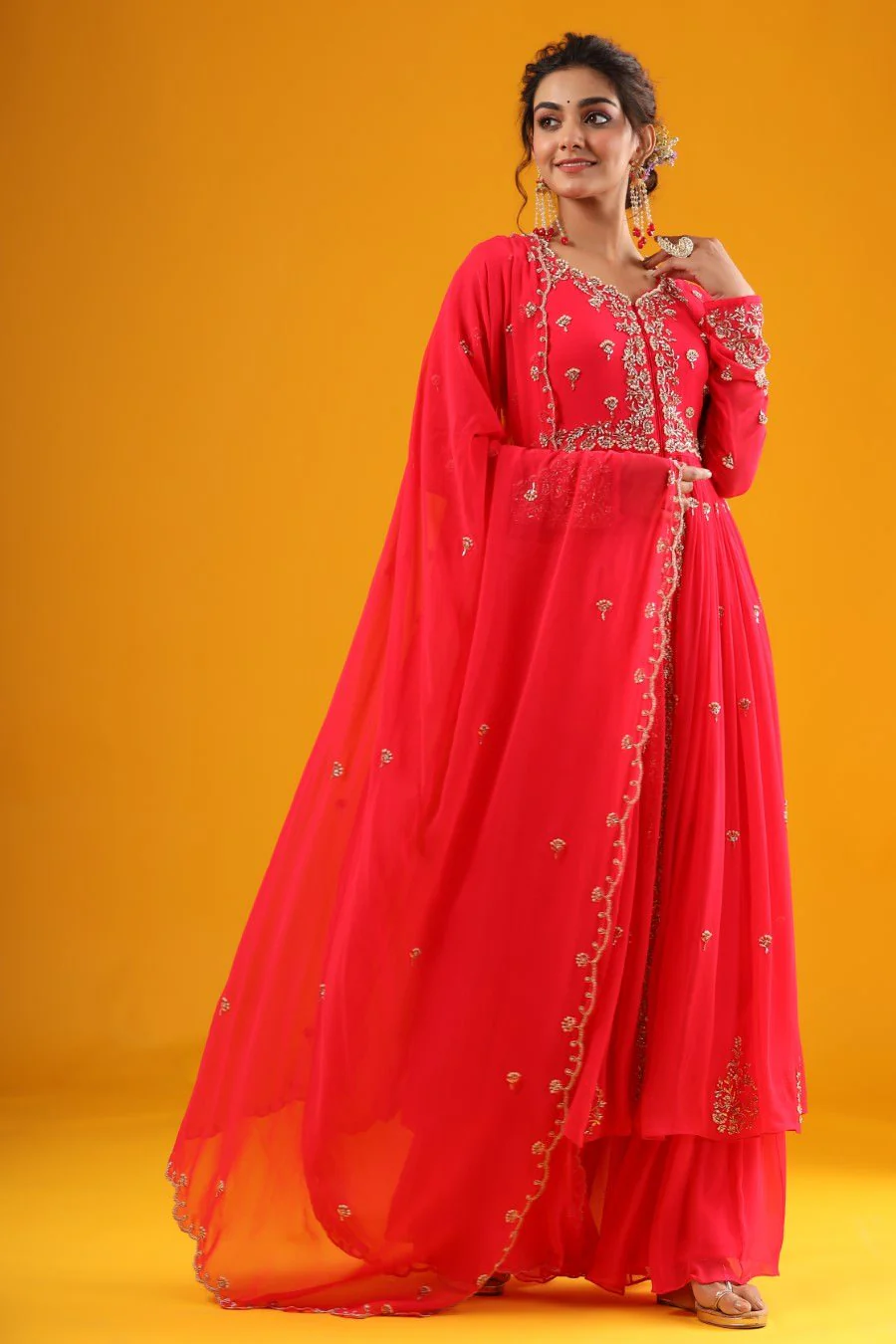 Cherry Pink Hand Embroidered Kurta &amp; Palazzo With Dupatta - Image 4
