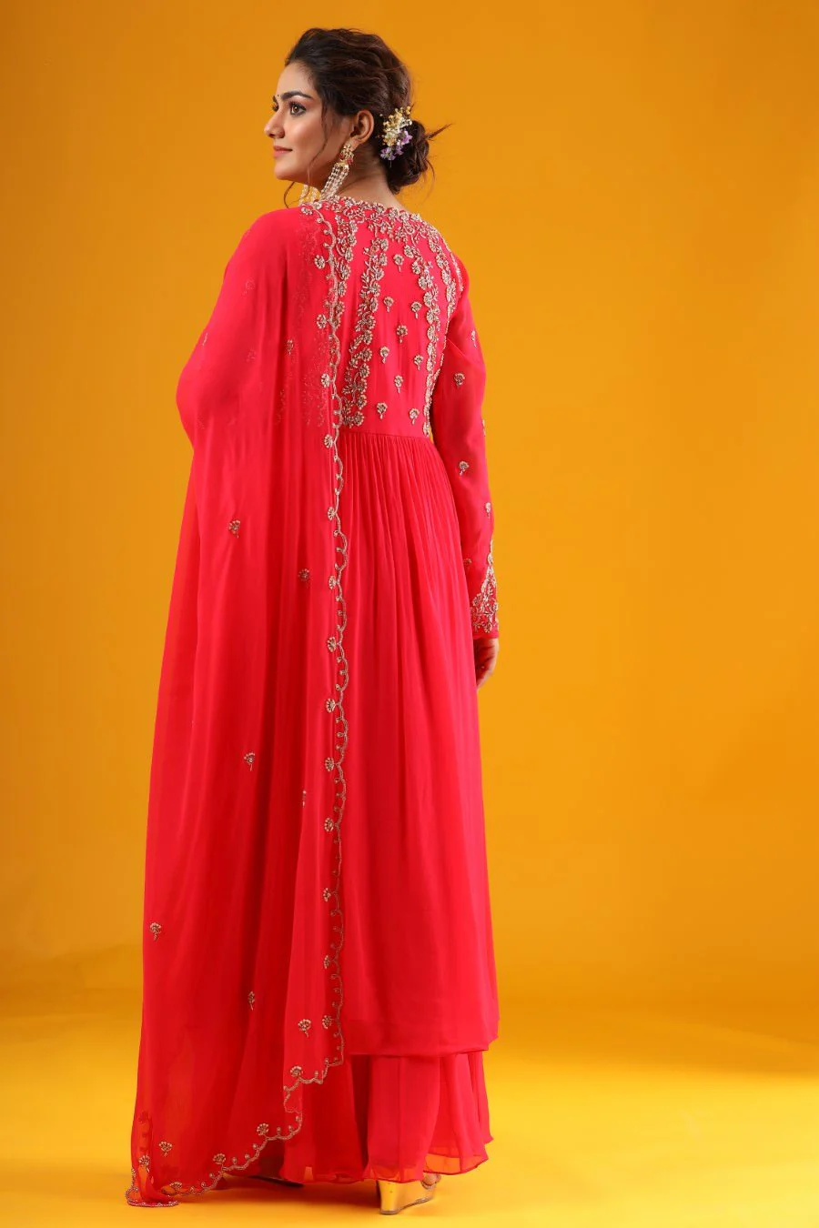 Cherry Pink Hand Embroidered Kurta &amp; Palazzo With Dupatta - Image 5