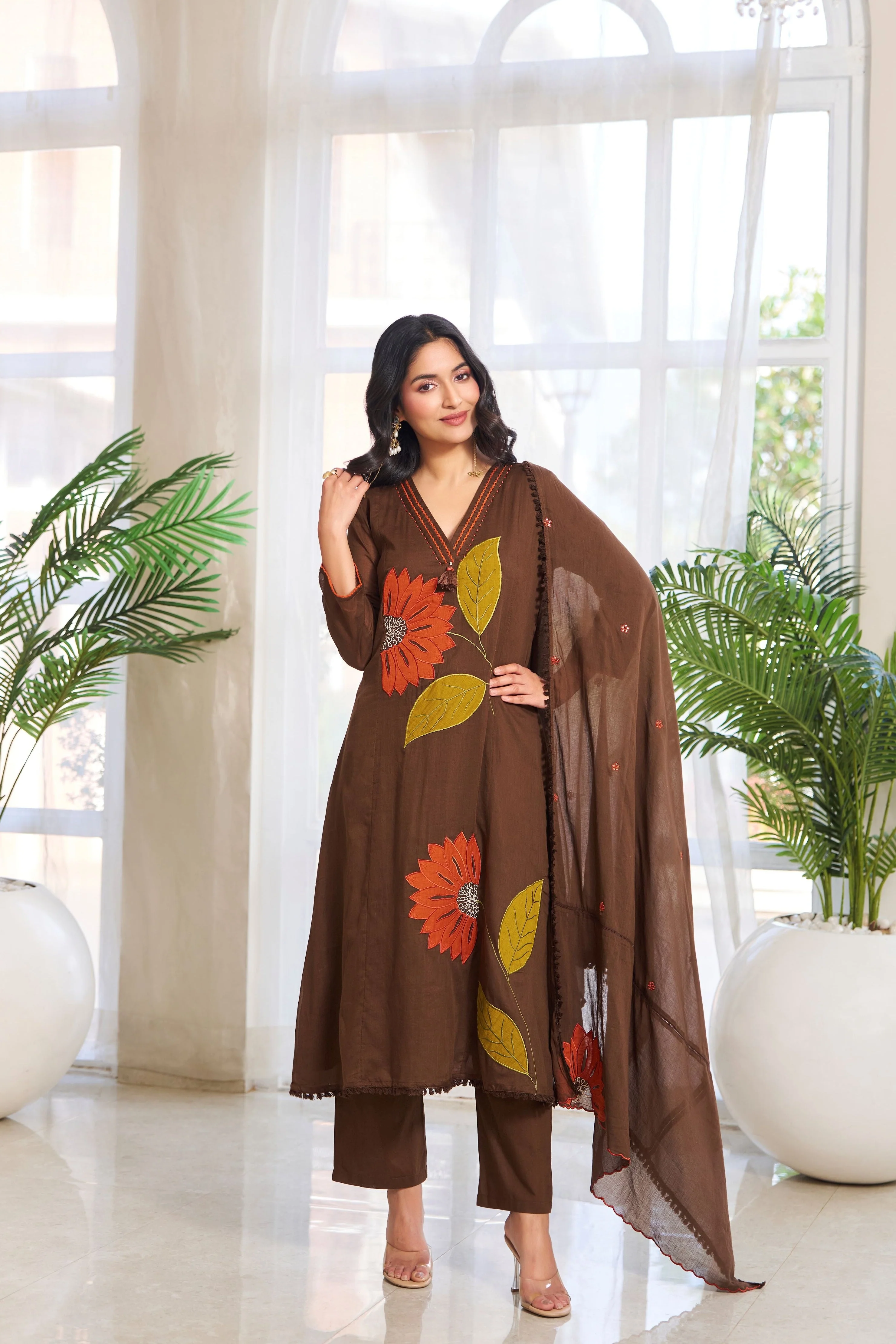 Chocolate Brown Applique Cotton Pant Set - Image 3