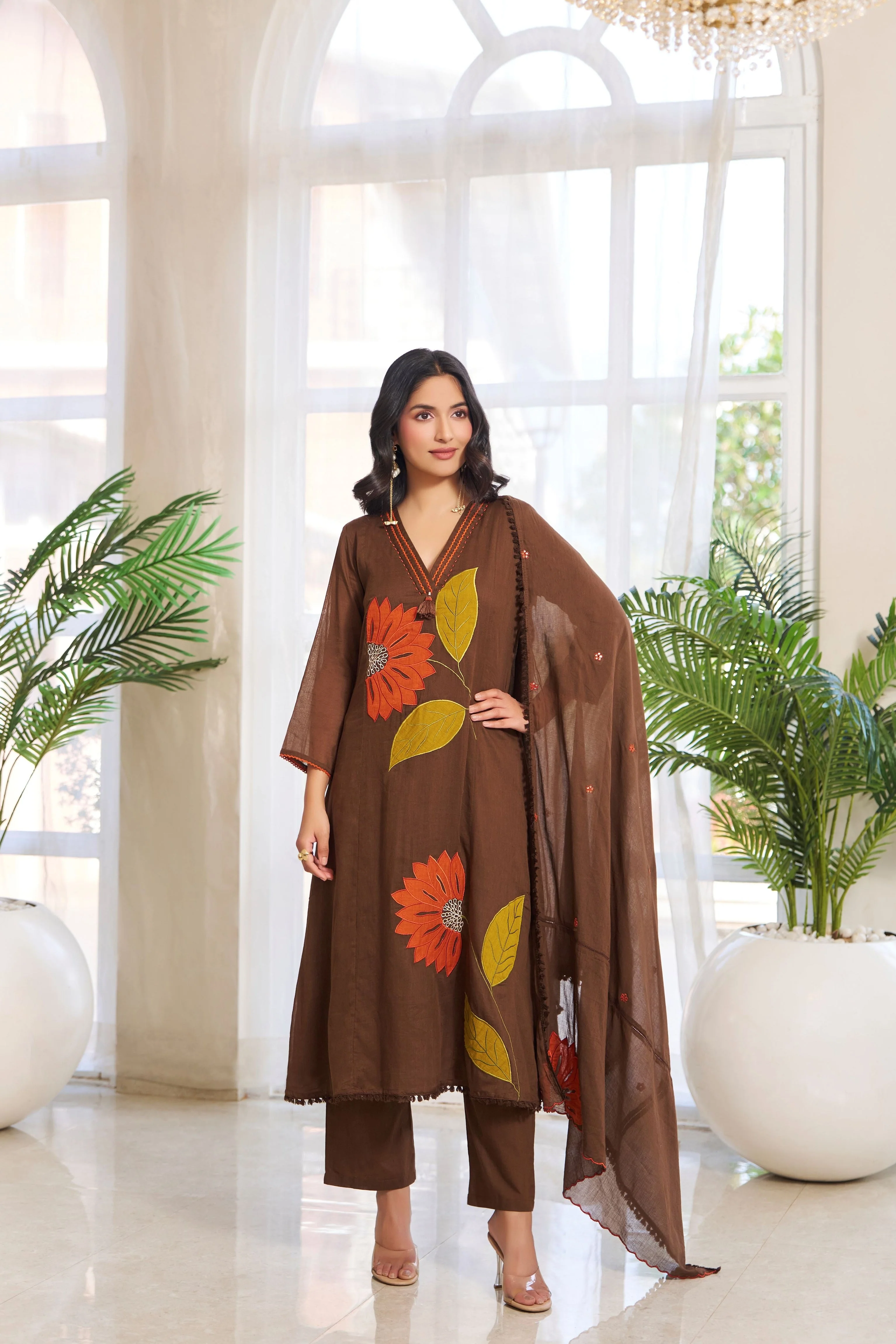 Chocolate Brown Applique Cotton Pant Set - Image 4