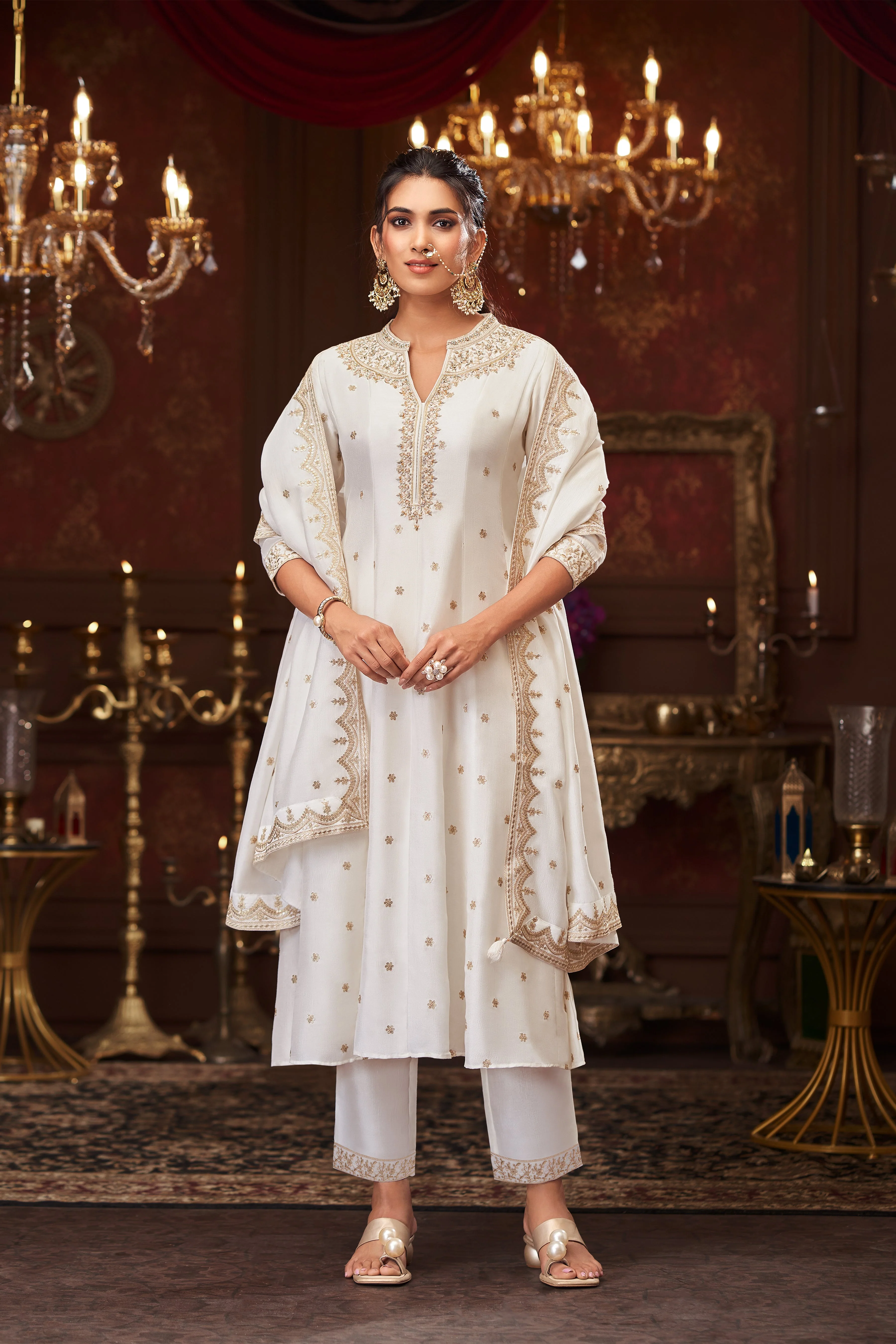 Classic White Embellished Premium Silk Pant Set