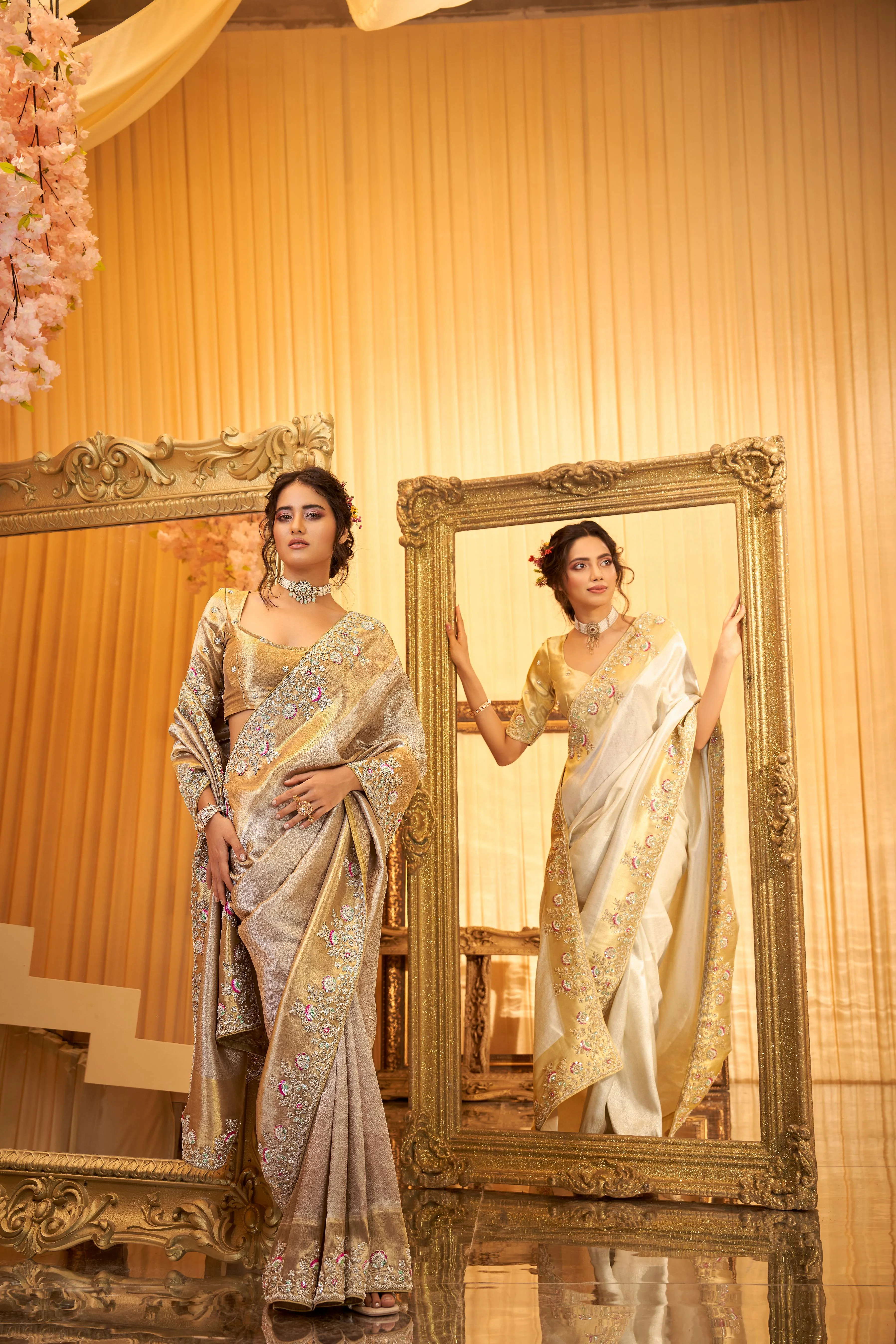 Champagne Gold Embellished Dola Silk Saree - Image 2