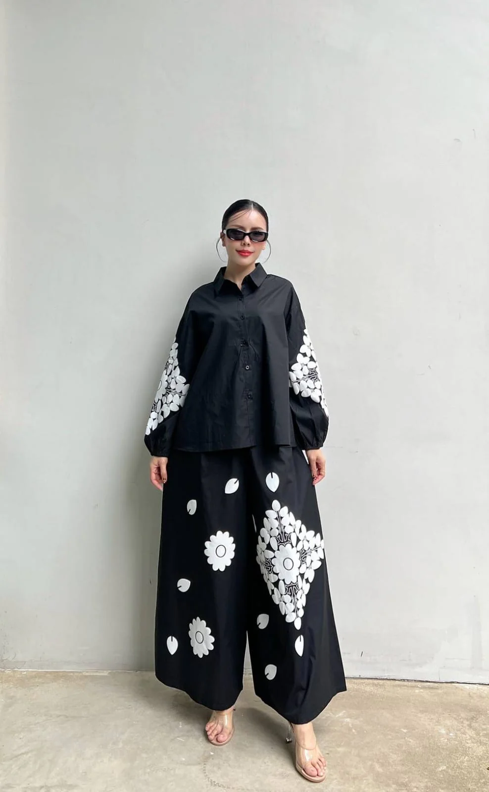 Classic Black Minimalist Floral Cotton Co-Ord Set