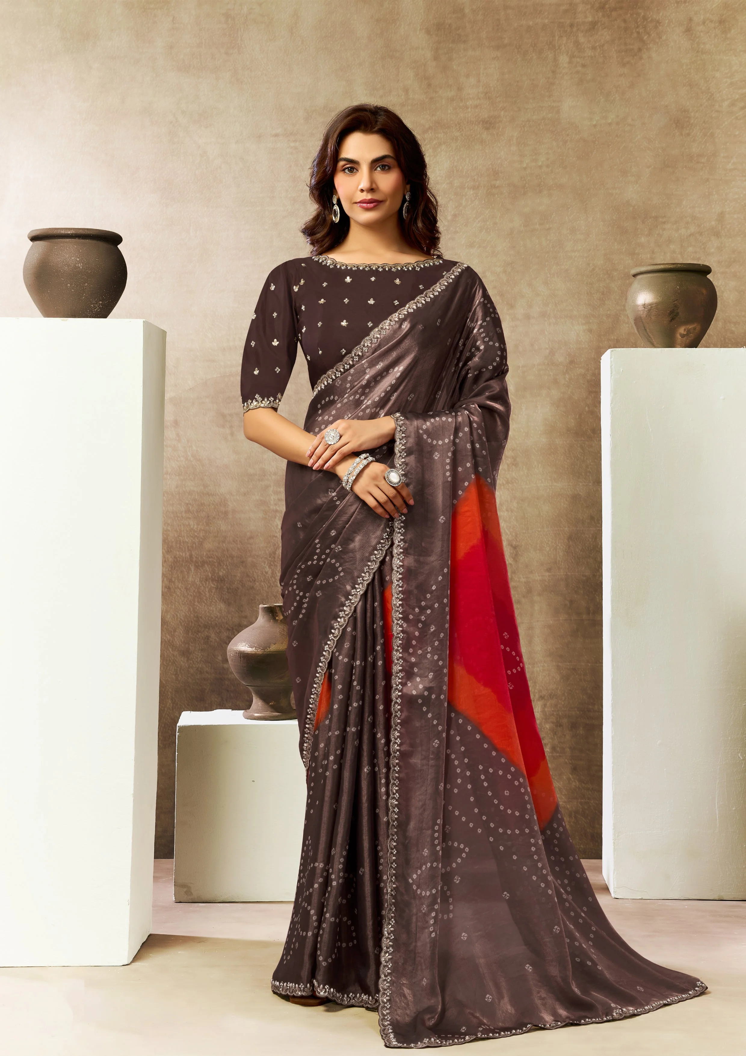 Coffee Brown Embellished Crepe Organza Silk Saree