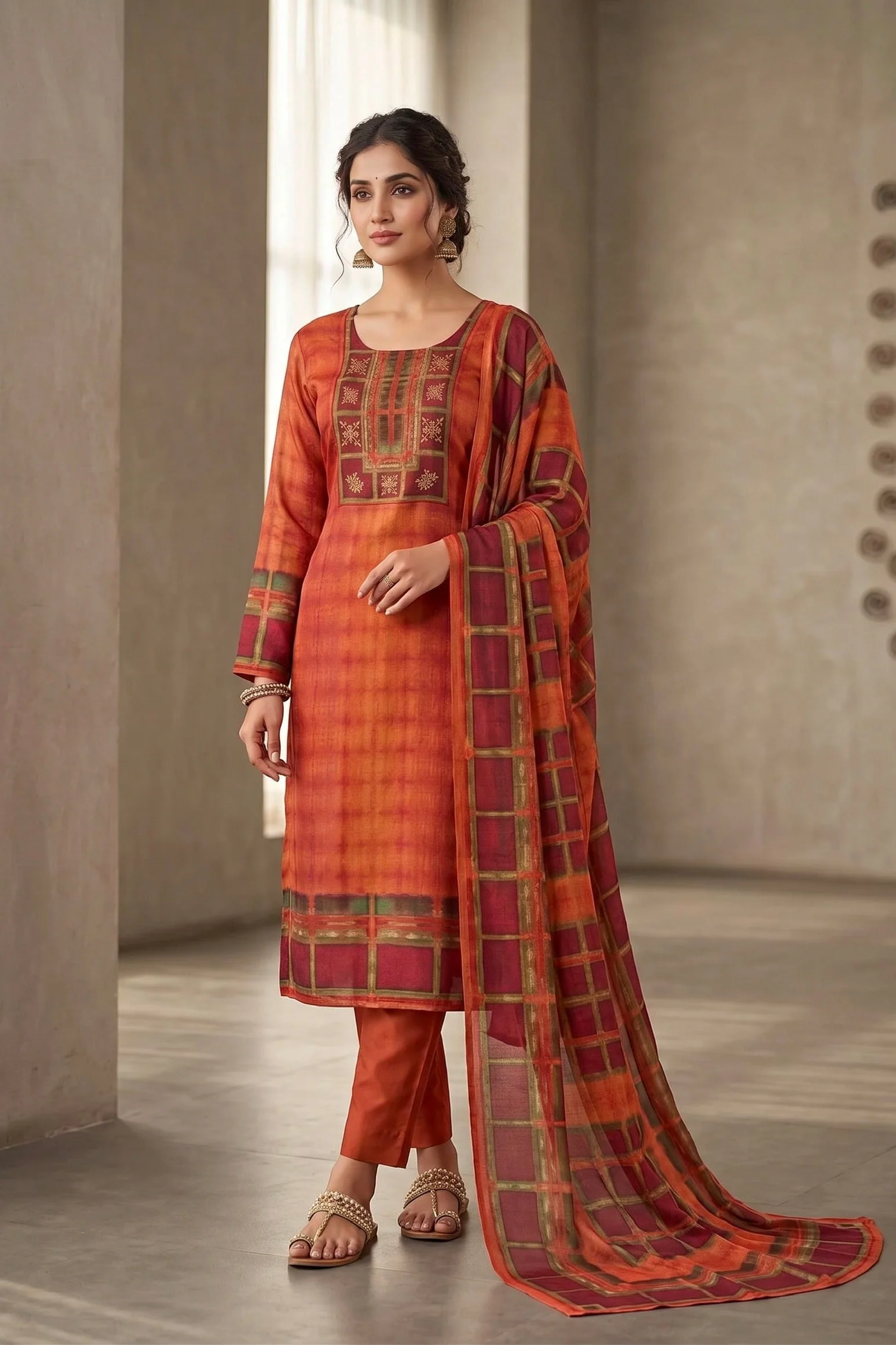 Coral Amber Mosaic Printed Dola Silk Pant Set