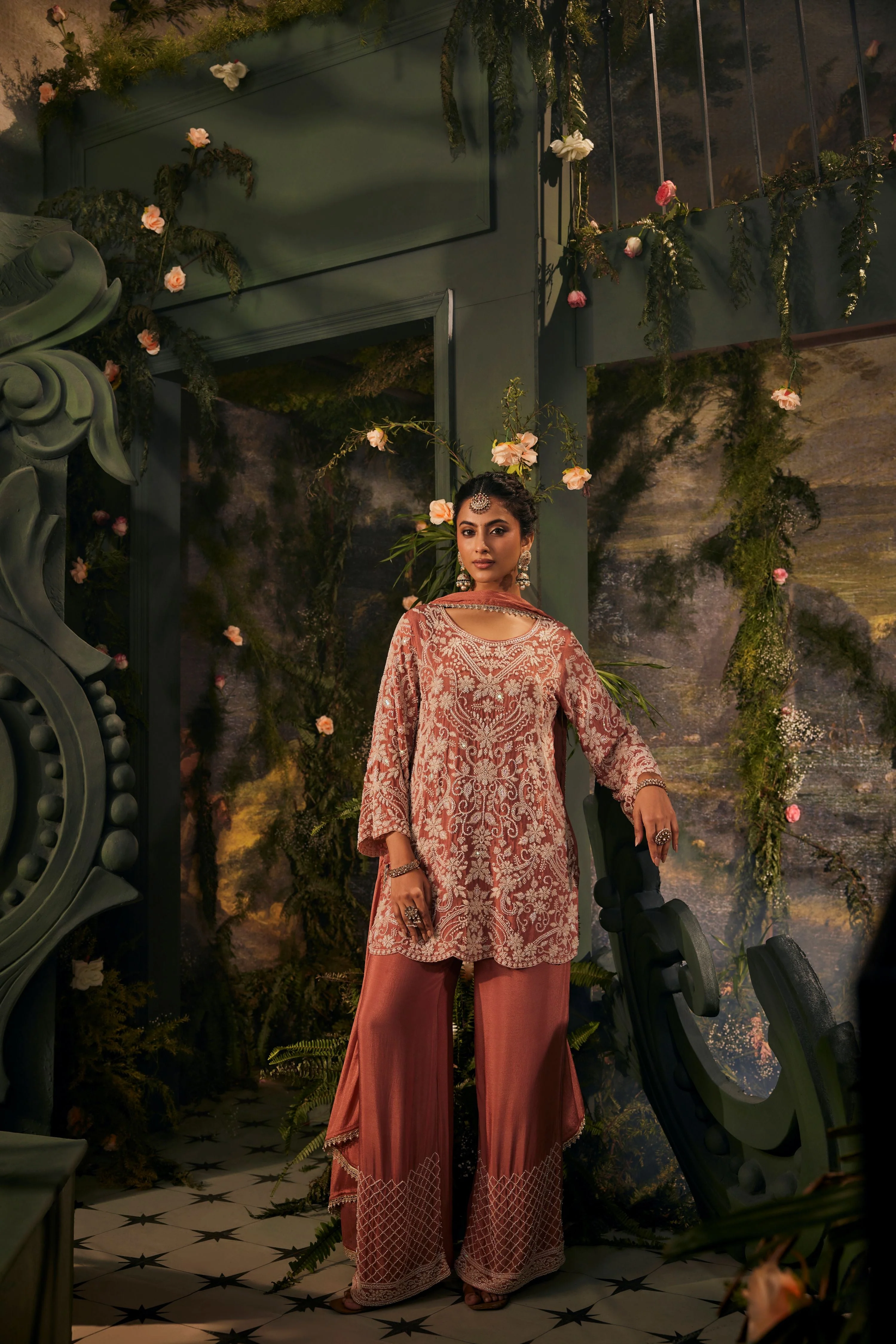 Coral Peach Embellished Crepe Silk Pant Set