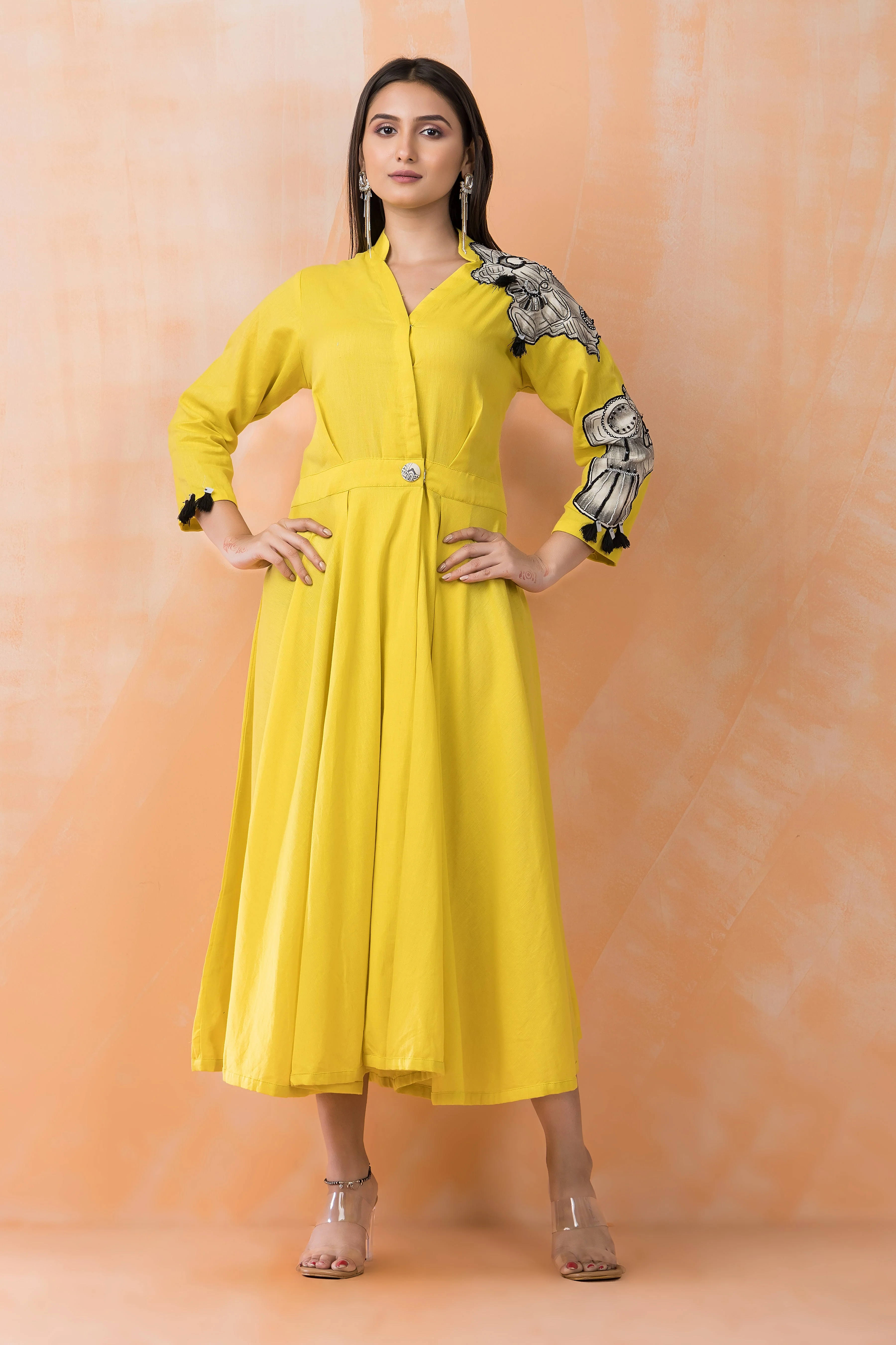 Yellow Patchwork Embellished Cotton Dress - Image 5