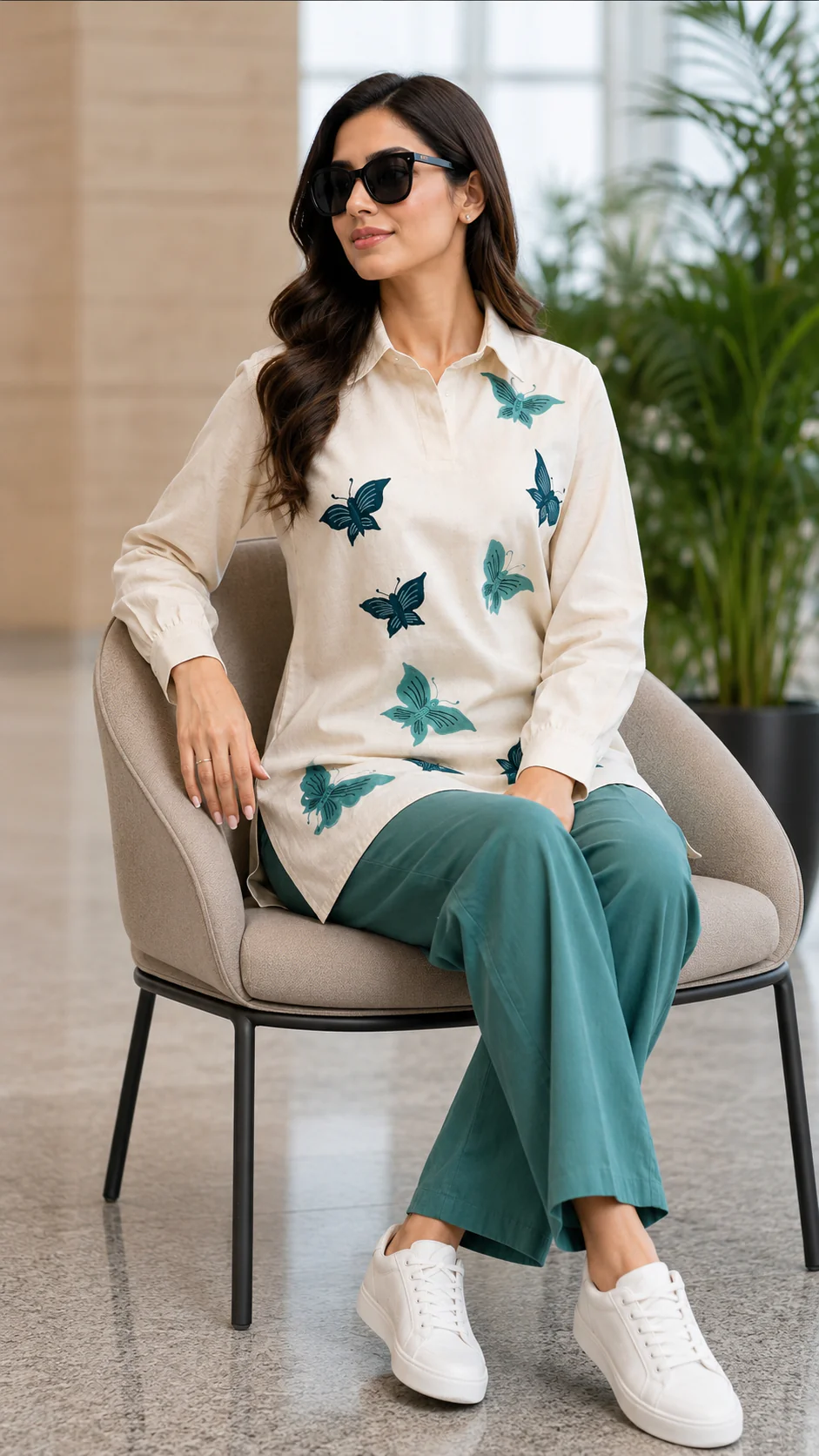 Off-White Butterfly Applique Cotton Khadi Co-ord Set - Image 3