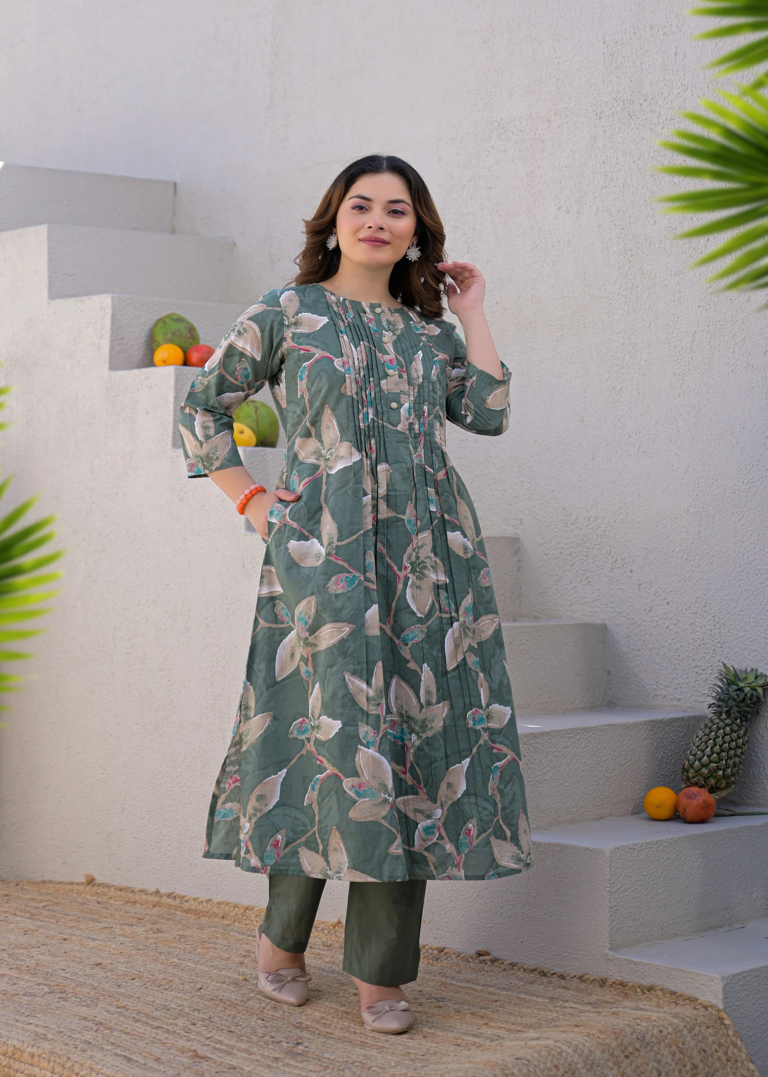 Dusty Green Botanical Printed Mul Cotton Kurta Set