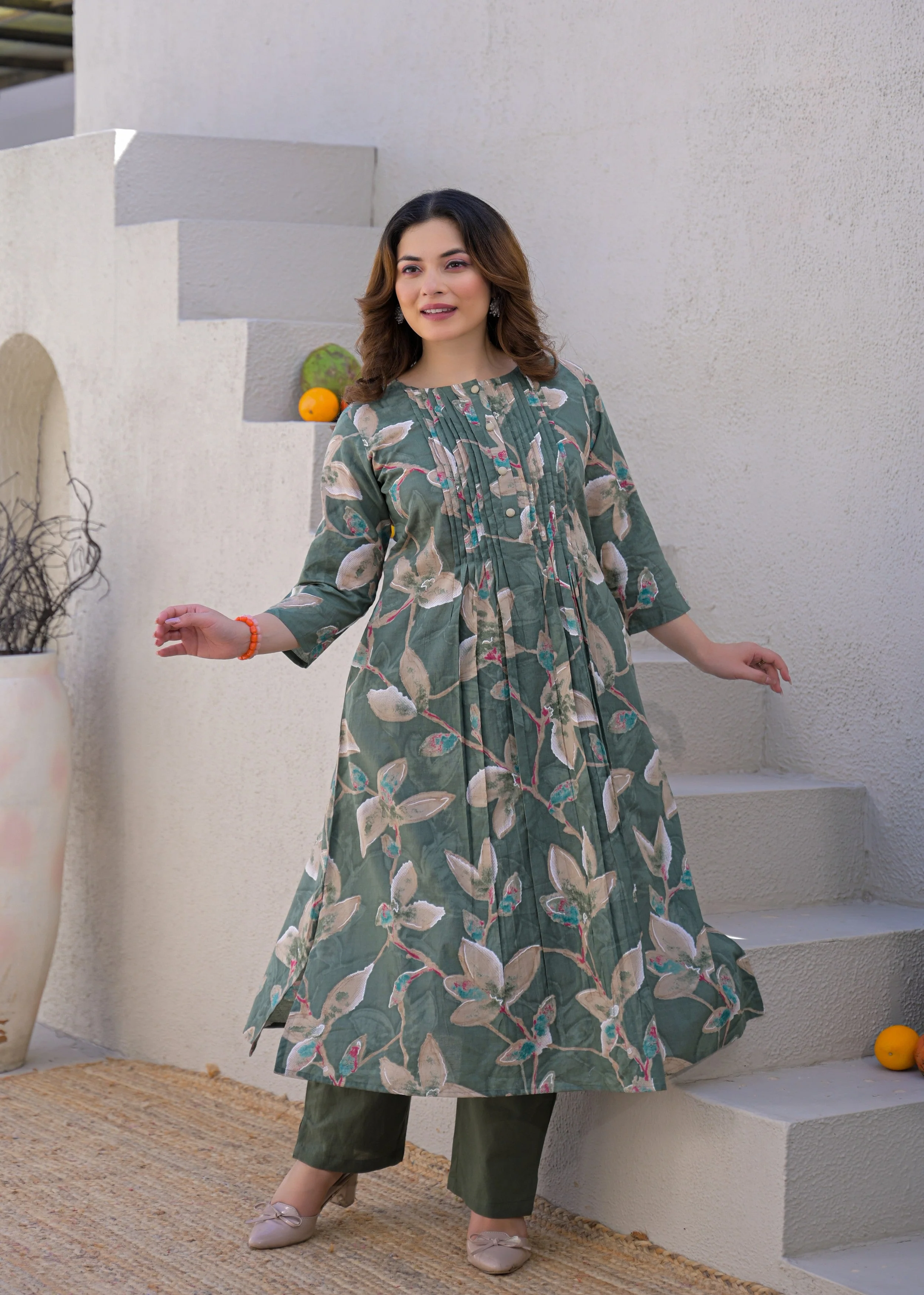 Dusty Green Botanical Printed Mul Cotton Kurta Set - Image 5