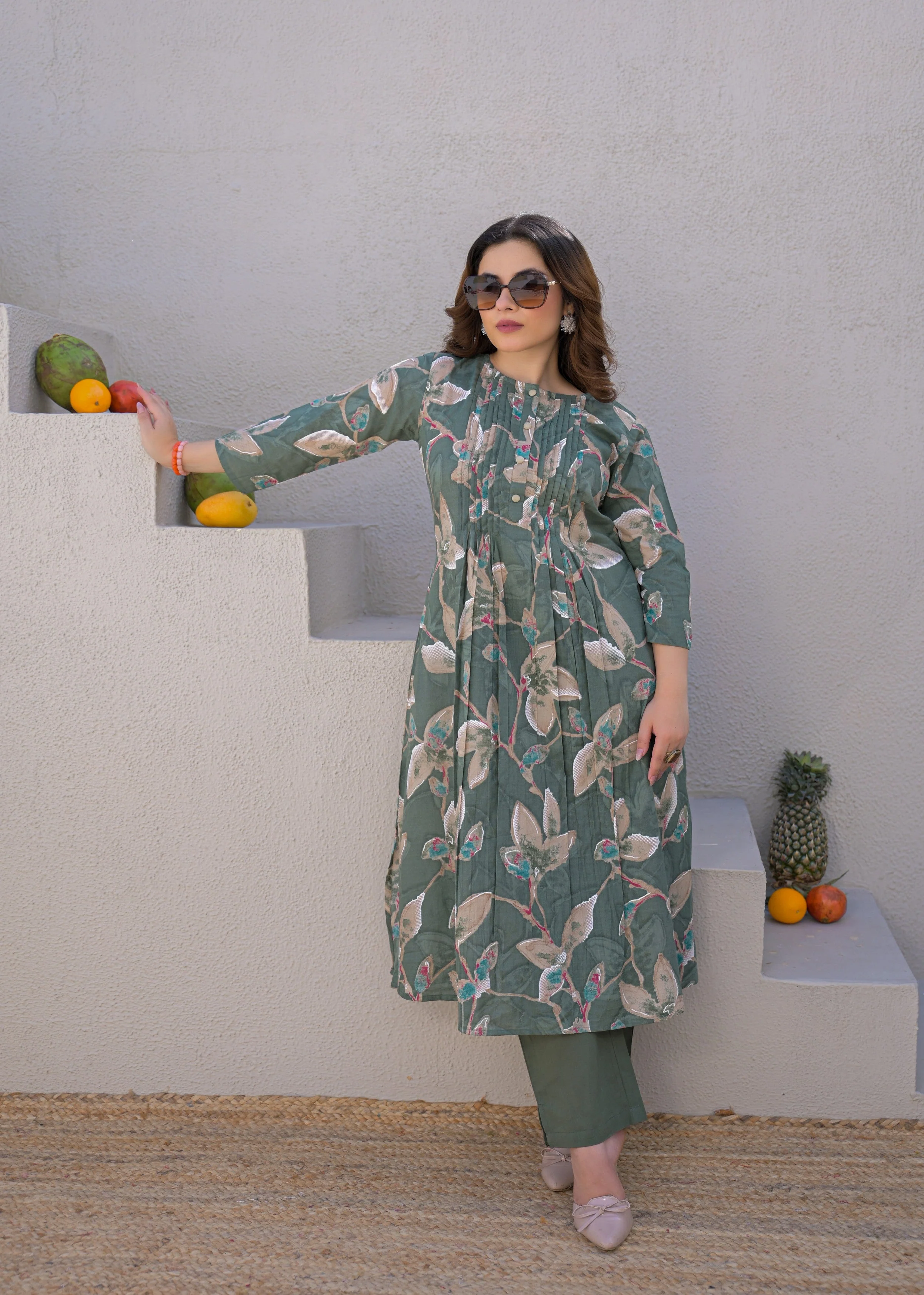 Dusty Green Botanical Printed Mul Cotton Kurta Set - Image 7