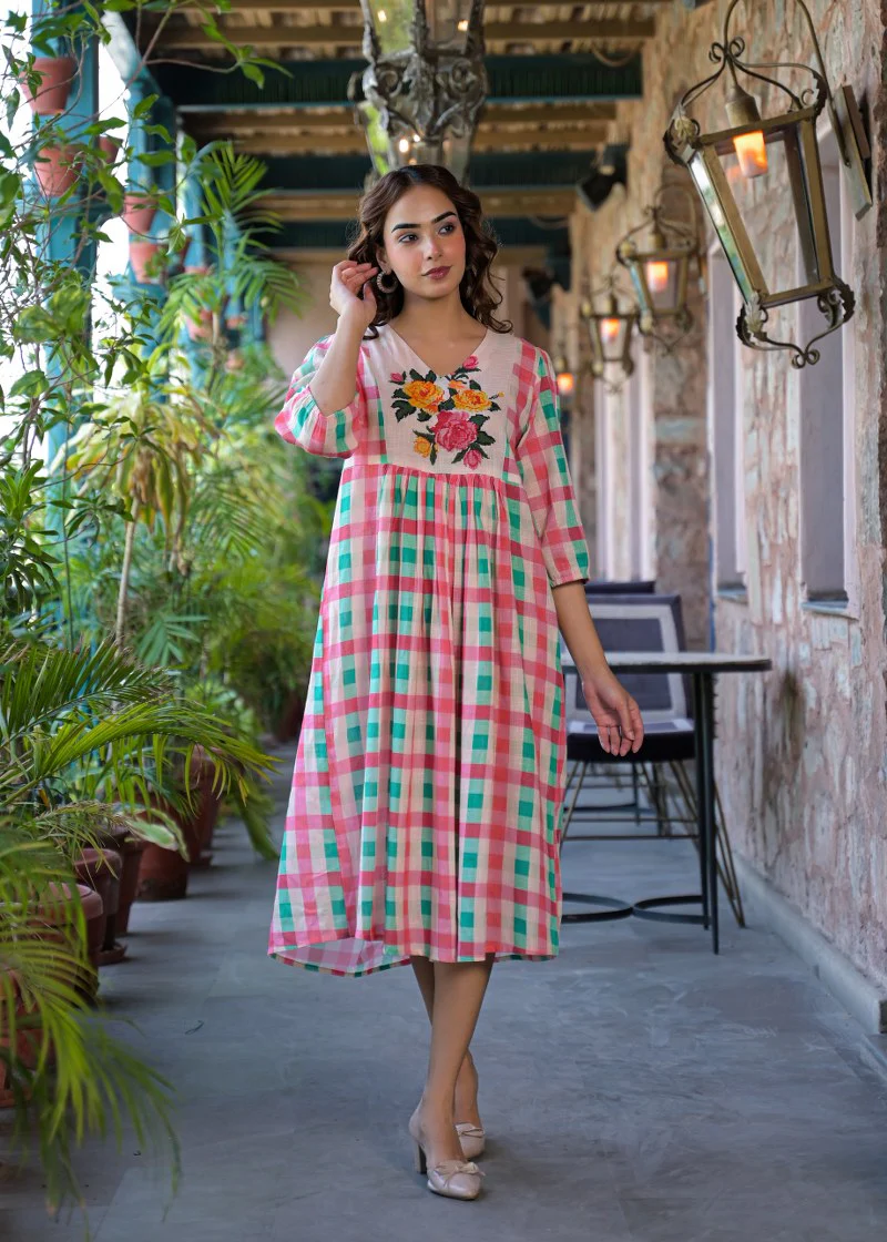The Strawberry Mint Gingham Floral Cotton Dress - Image 4