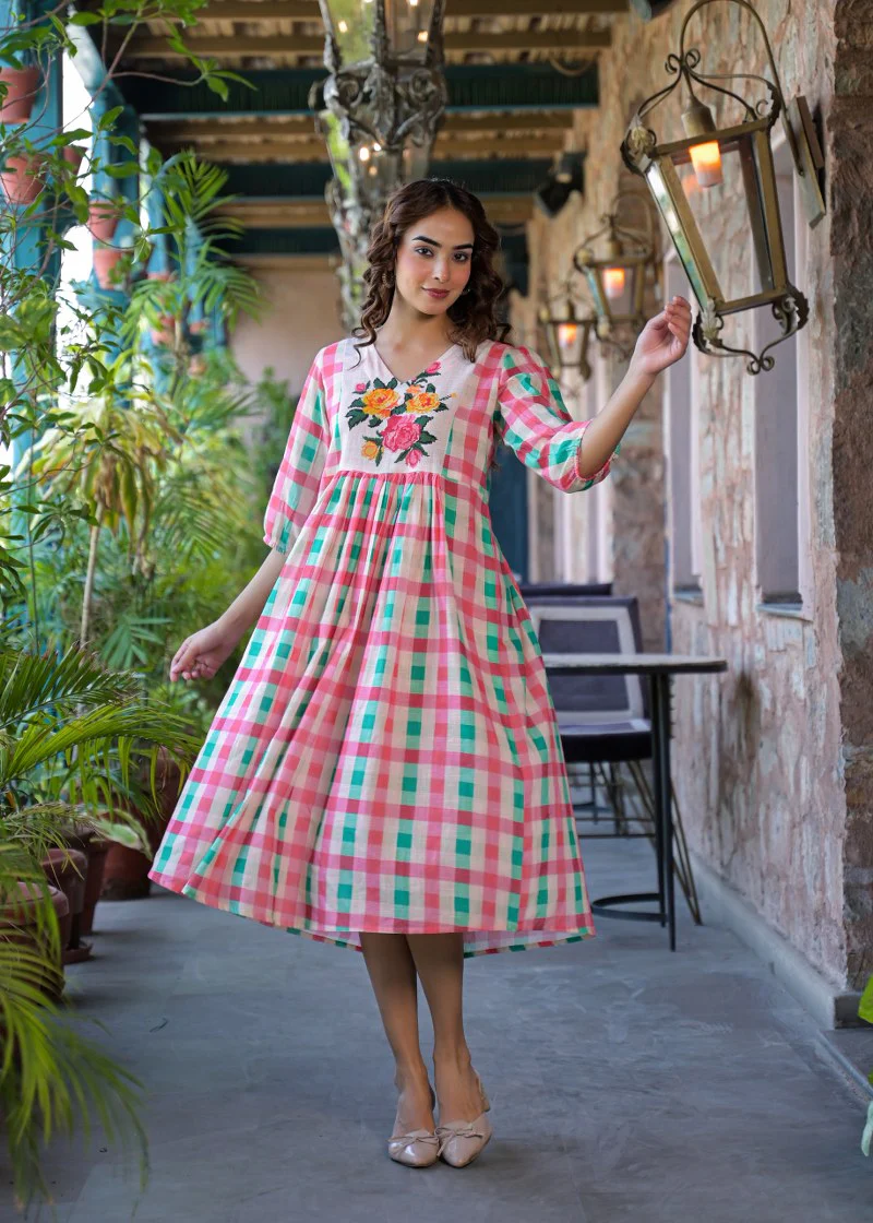 The Strawberry Mint Gingham Floral Cotton Dress - Image 5