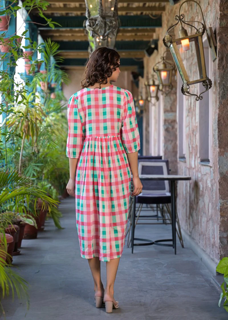 The Strawberry Mint Gingham Floral Cotton Dress - Image 7