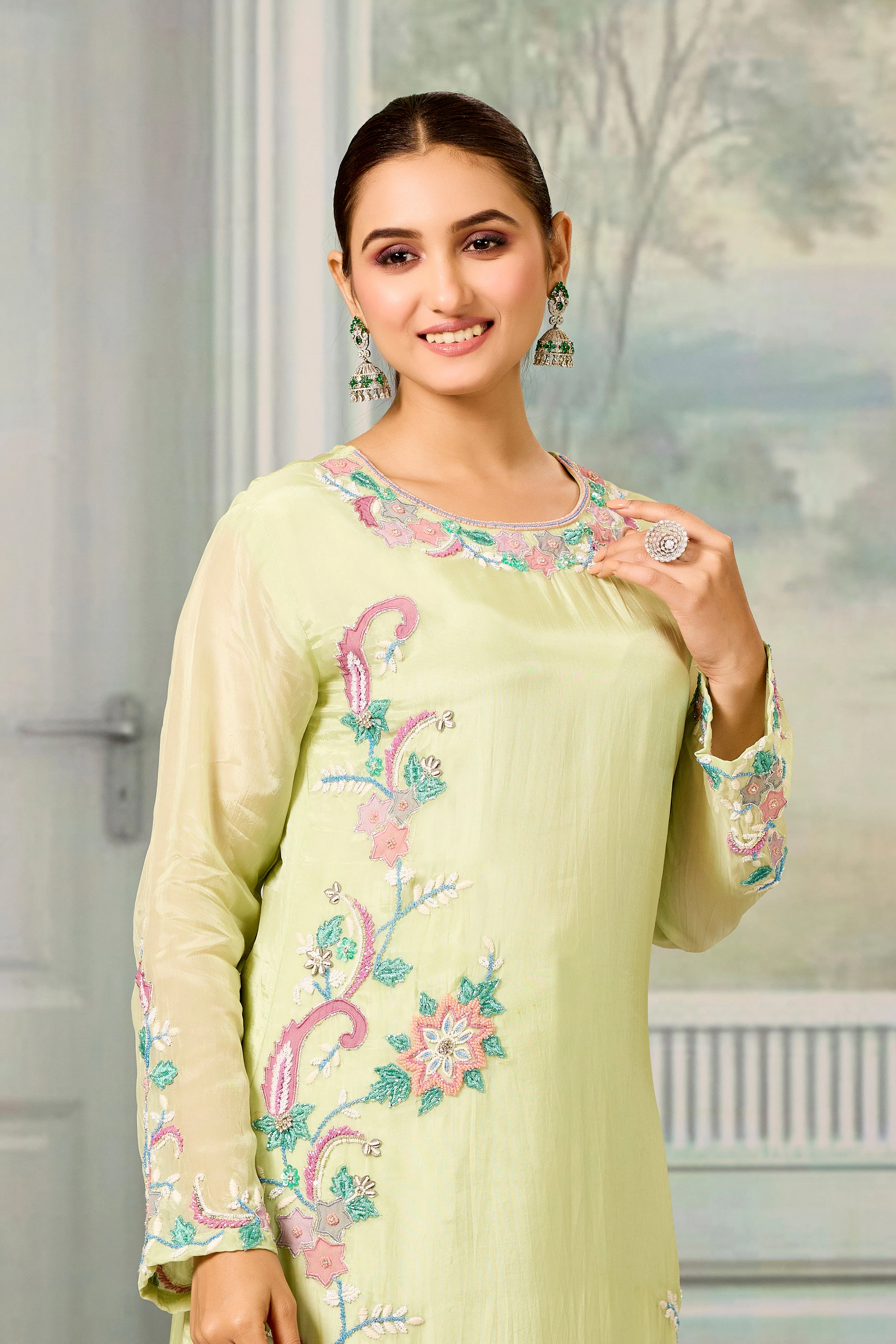 Green Handwork Glass Organza Silk Palazzo Set - Image 2