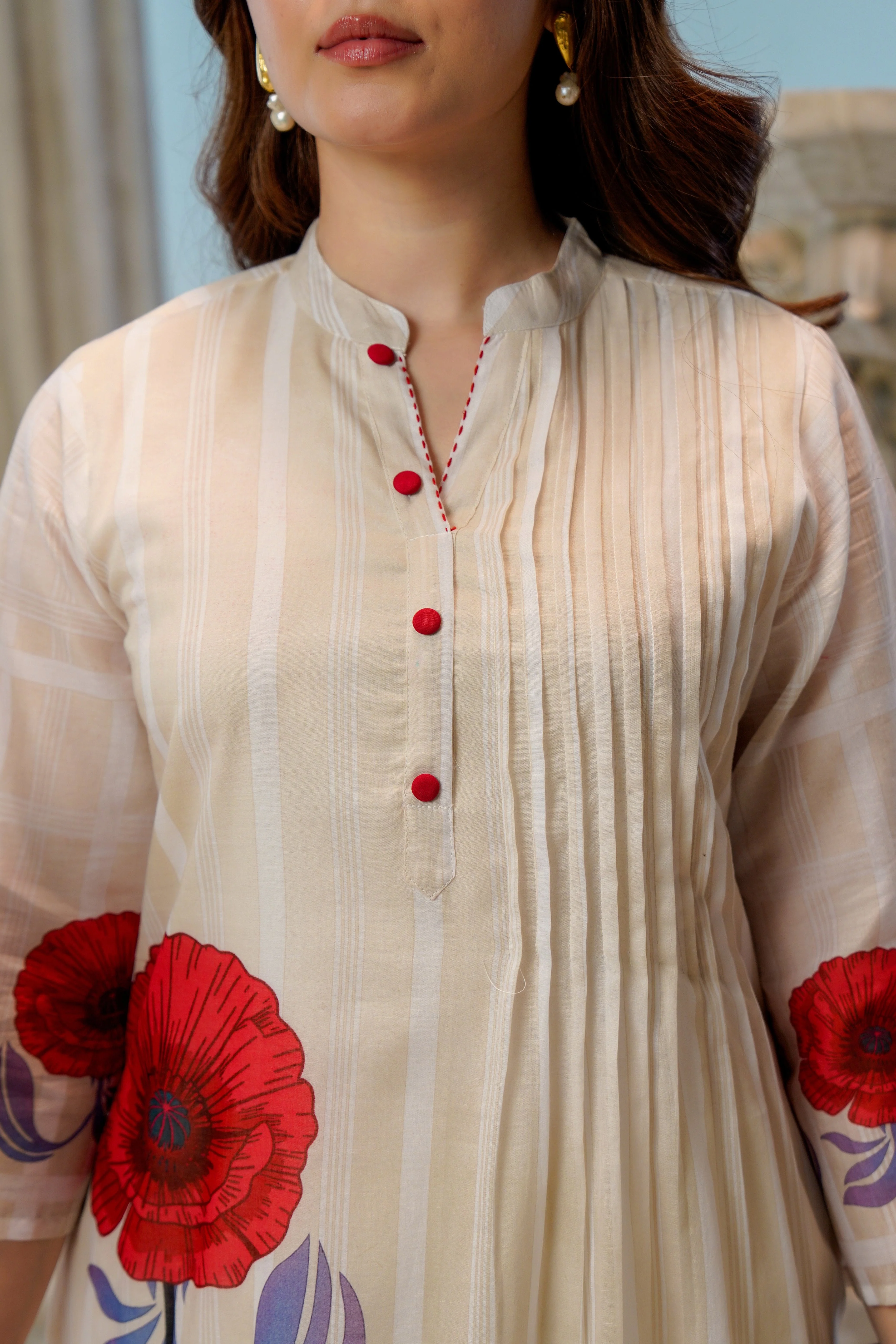 Cream Poppy Printed Cotton Kurta Set - Image 2