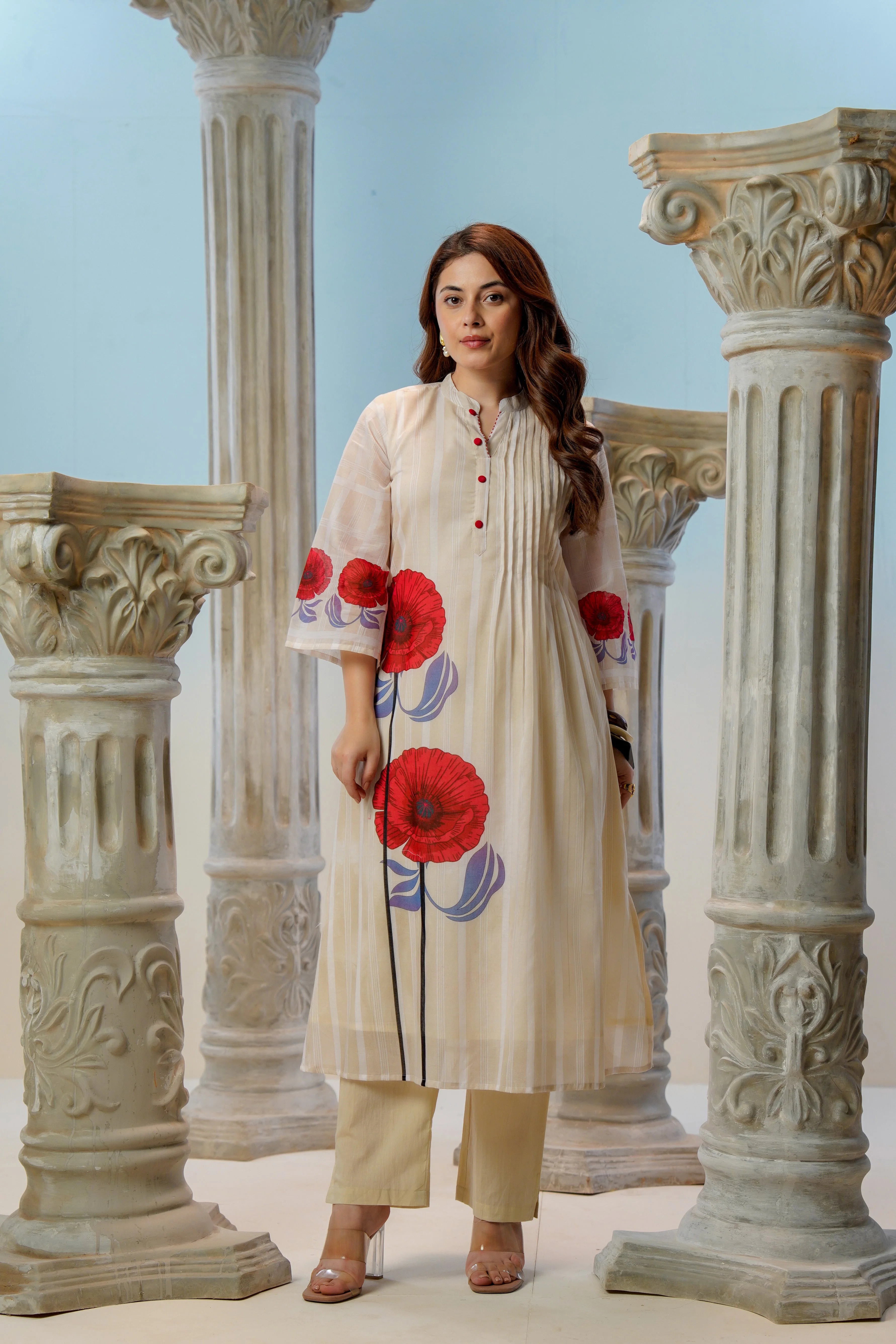 Cream Poppy Printed Cotton Kurta Set - Image 3