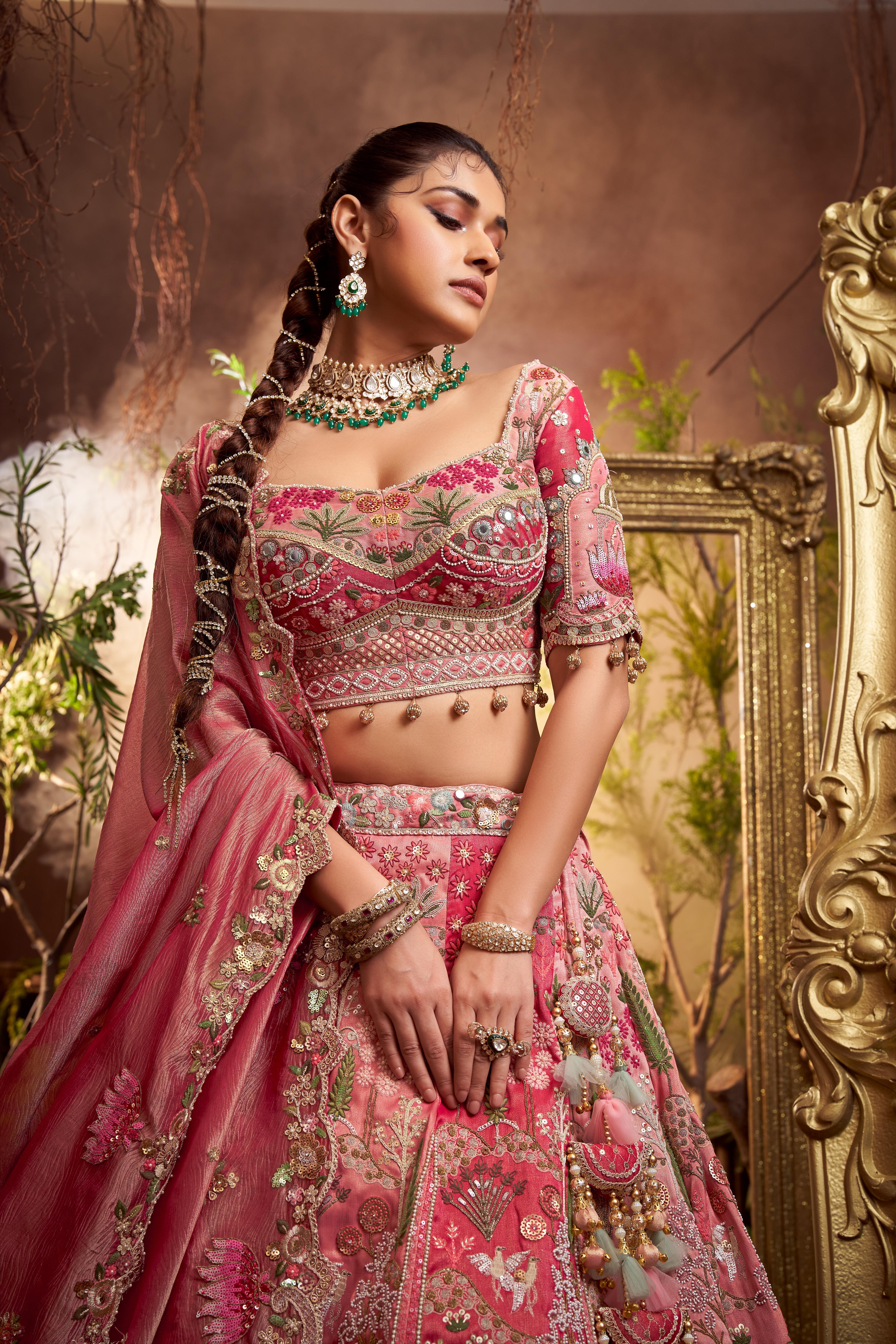 Deep Rose Pink Embellished Shimmer Tissue Silk Lehenga Set - Image 2