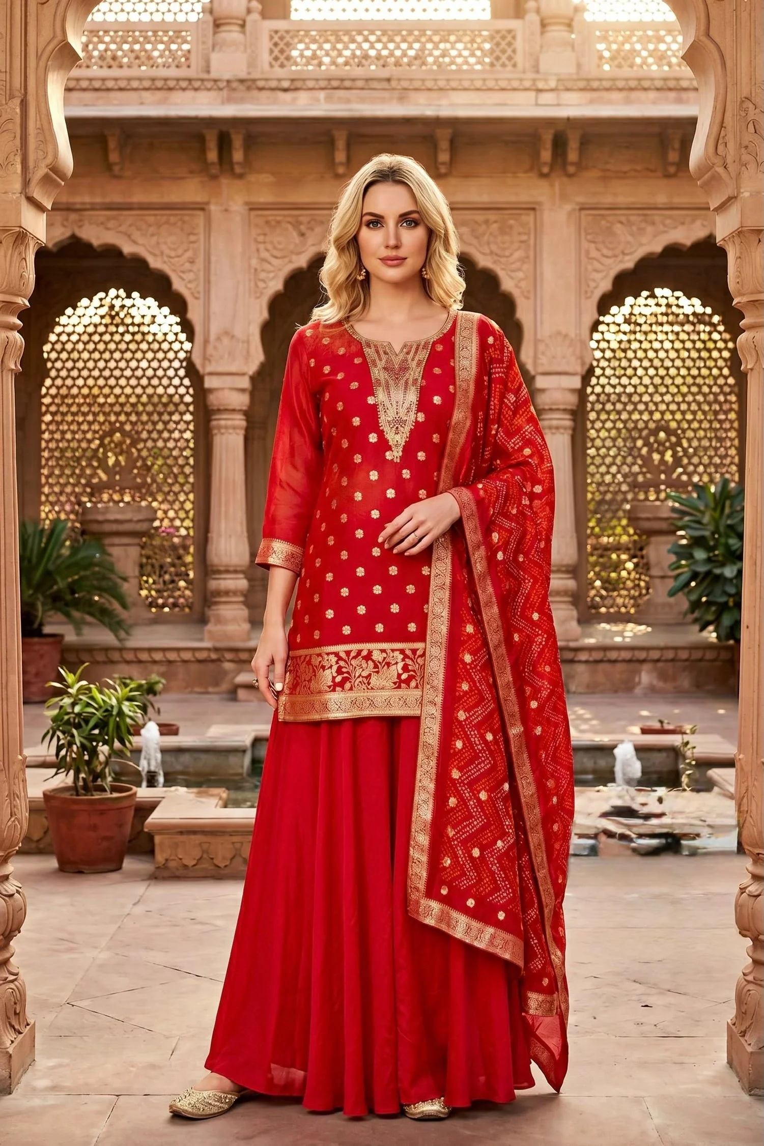 Crimson Glow Embroidered Organza Silk Palazzo Set
