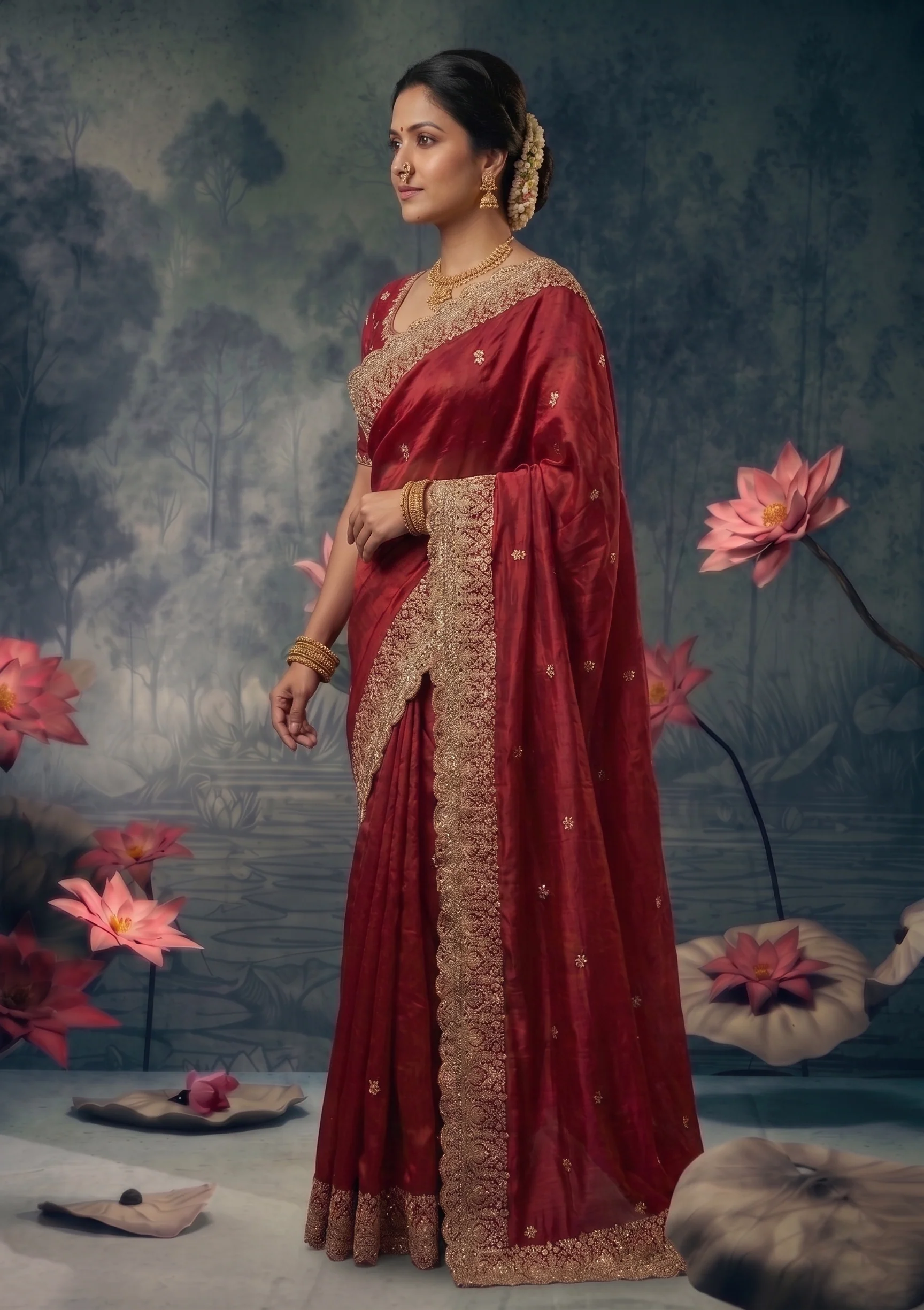 Crimson Heritage Embellished Satin Silk Saree - Image 2