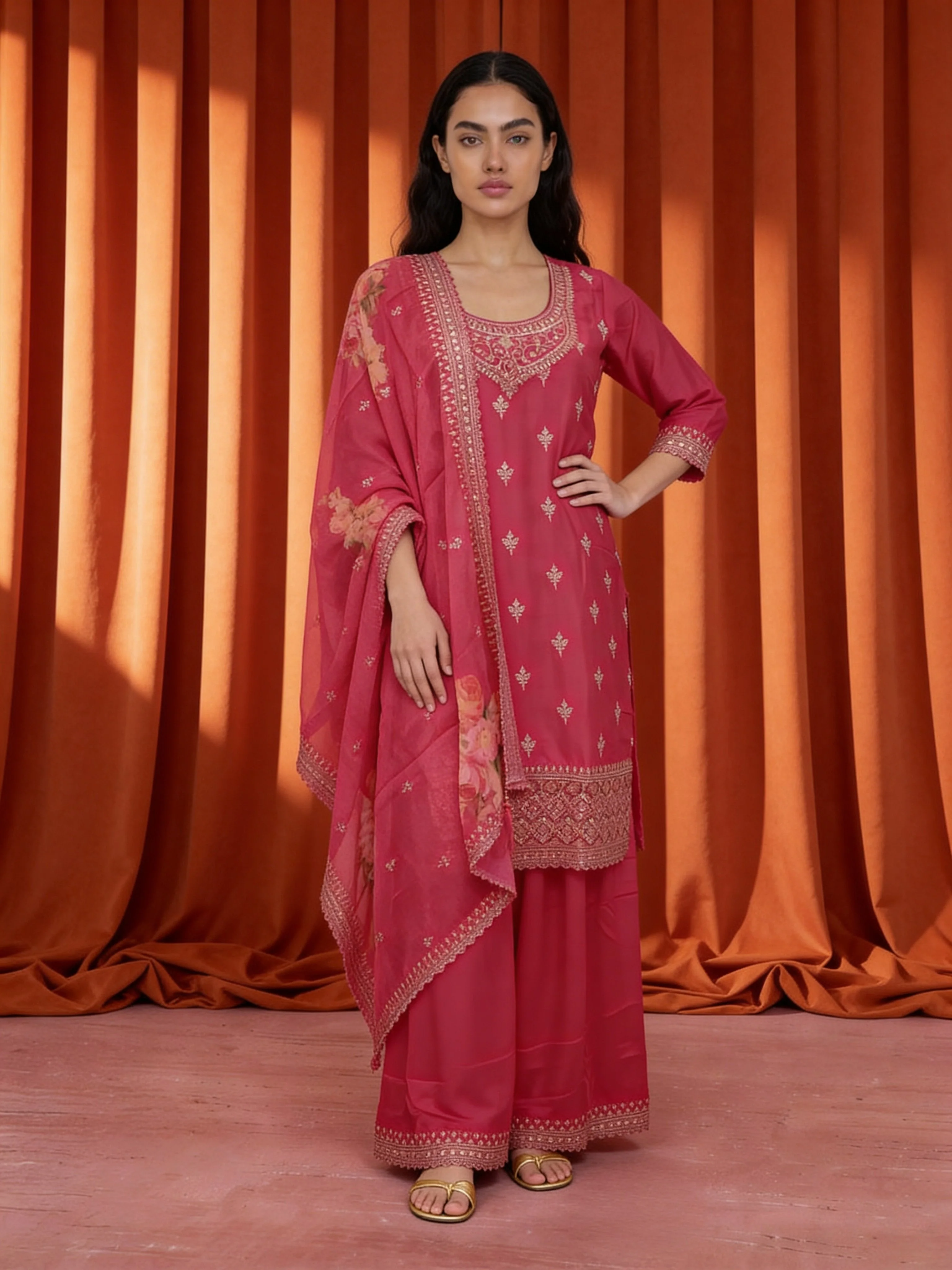 Crimson Pink Chinon Silk Palazzo Set