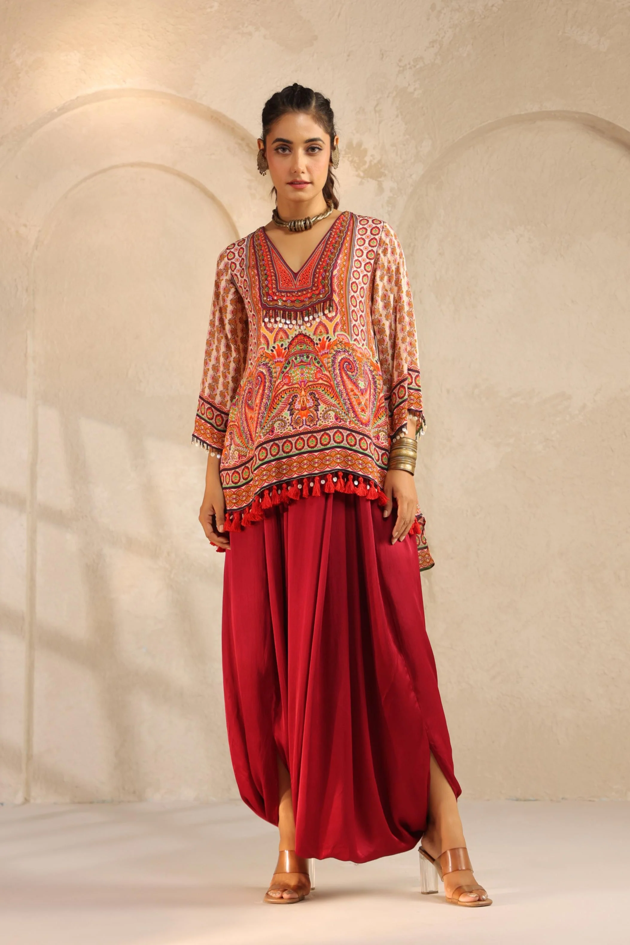 Crimson Red Embellished Modal Satin Dhoti Set
