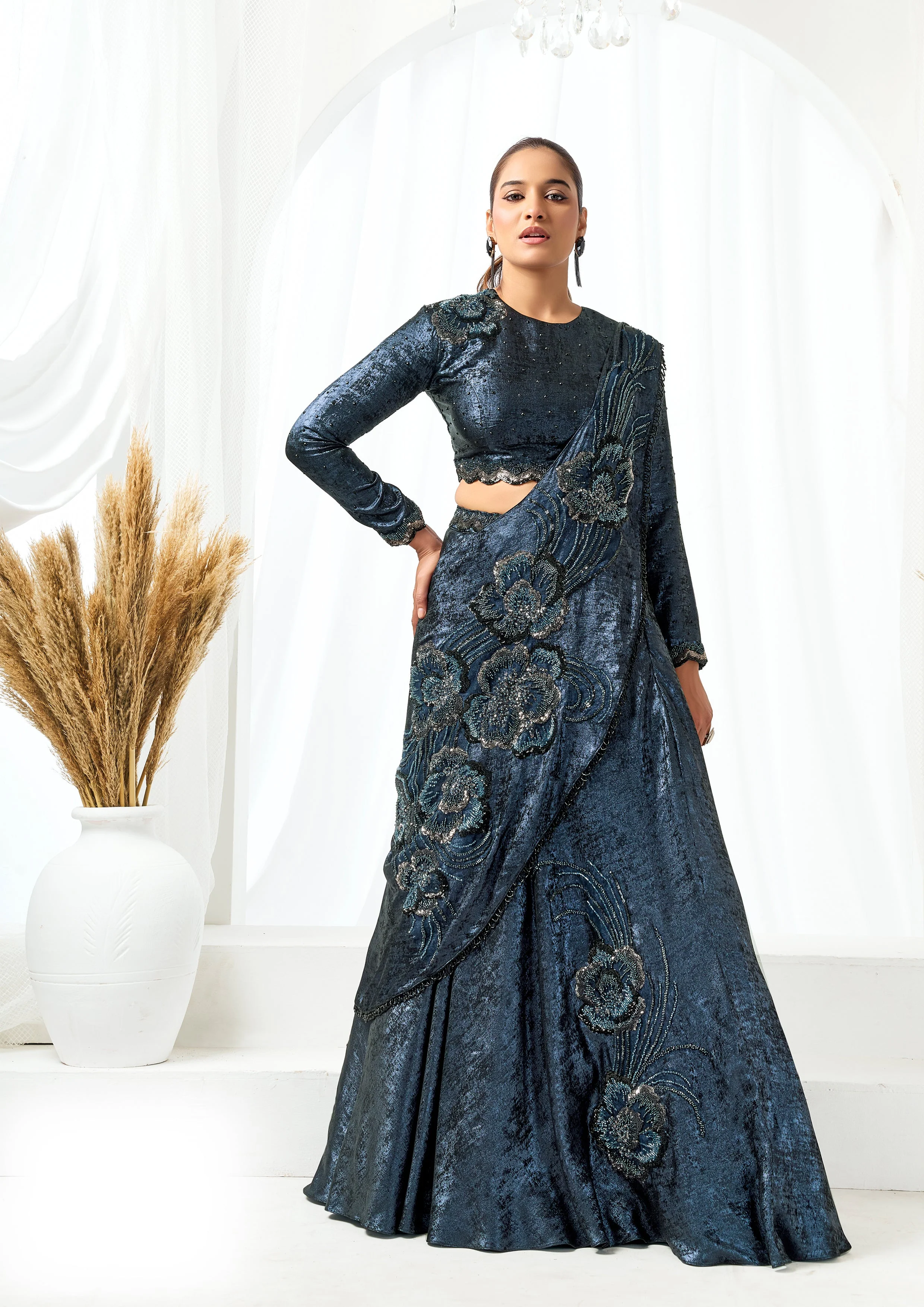 Dark Blue Embellished Metallic Satin Silk Lehenga Saree