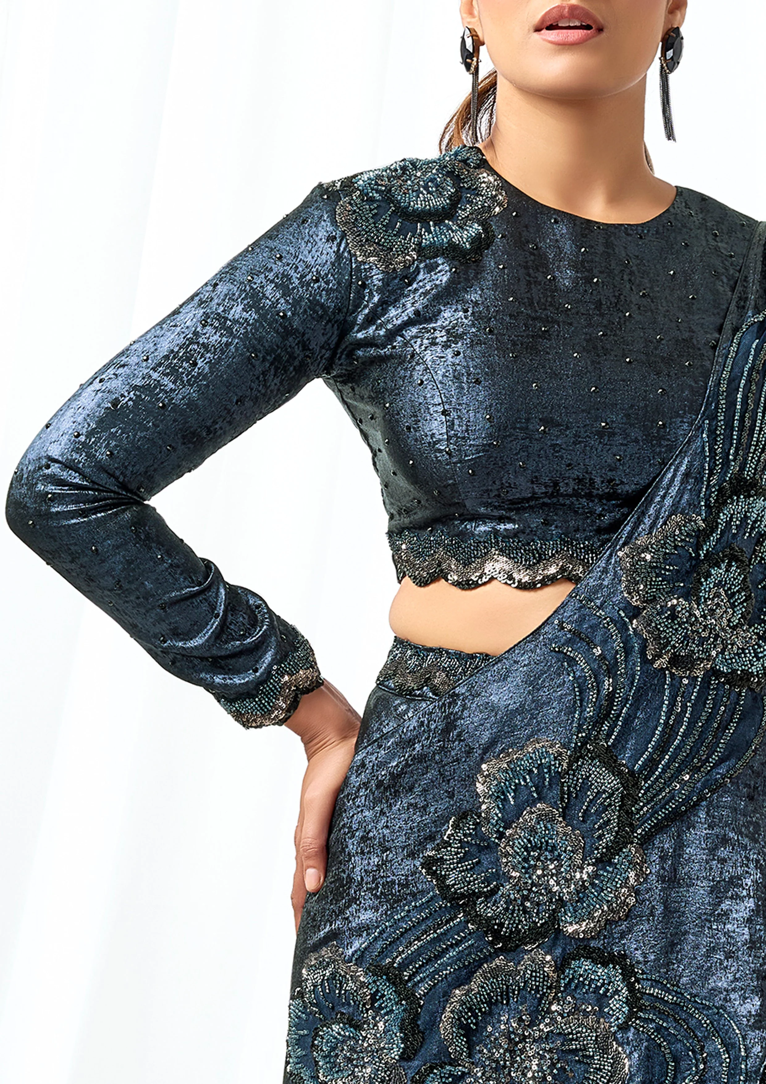Dark Blue Embellished Metallic Satin Silk Lehenga Saree - Image 3