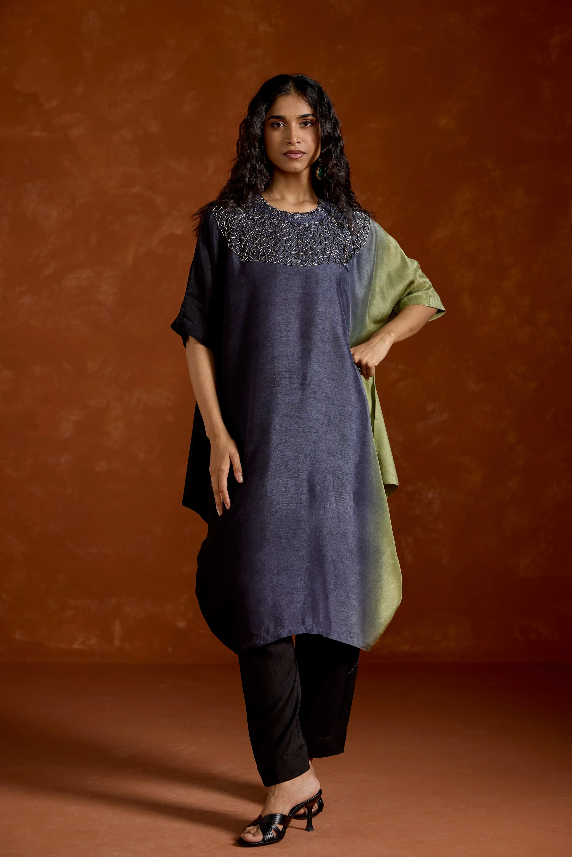 Navy Blue Embellished Raw Silk Kaftan Set